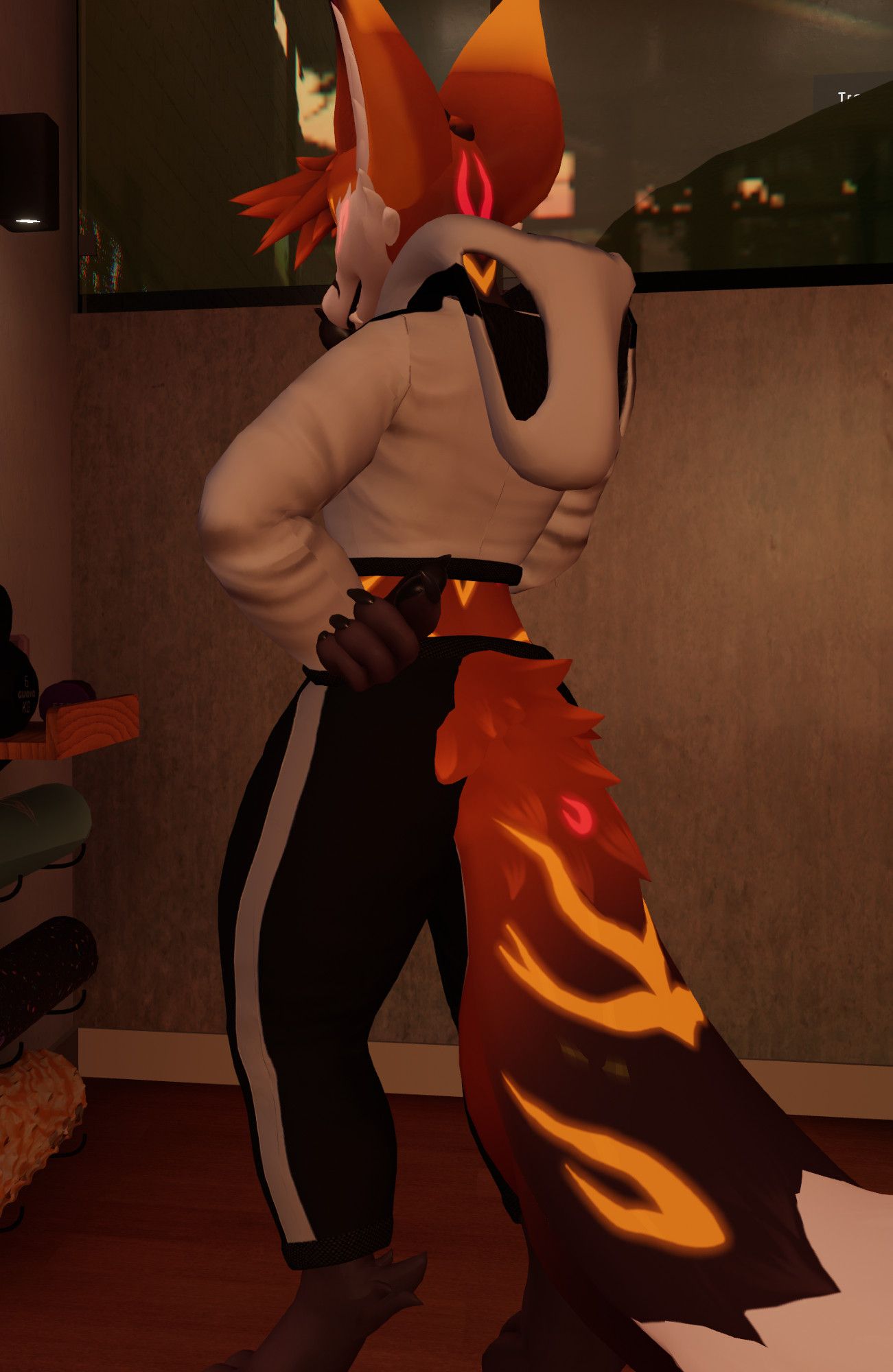 A fox avatar looking away from the screen, they're wearing a fashionable white hoodie with the hood currently down. They are also wearing black pants with a white stripe down the side.