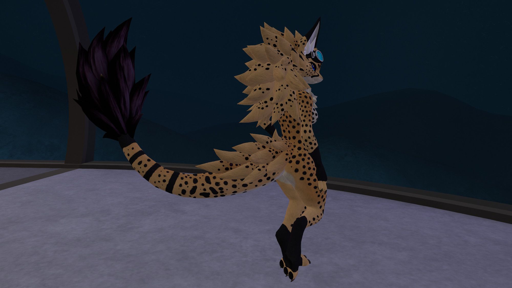 A cheetah spotted Novabeast facing away from the camera.  They have one foot up to show the colors of the toebeans.