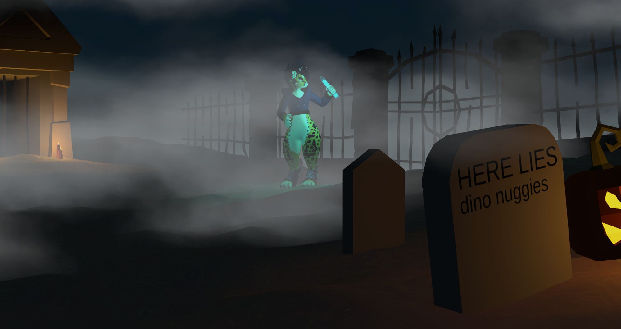 A spooky graveyard scene, with a cheetah standing near the gate holding a glowstick up.  There's a gravestone with the words 'HERE LIES dino nuggies'.