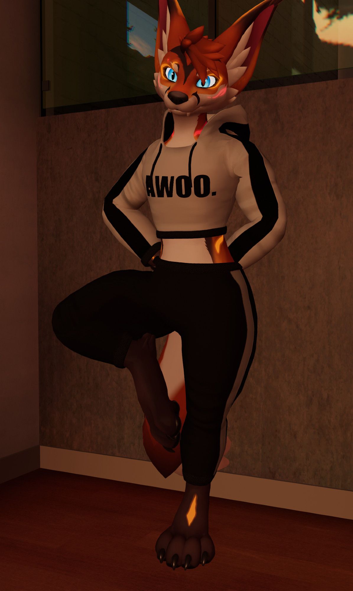 A fox avatar looking at the screen, standing on one leg in a 'flamingo' like pose. They're wearing a fashionable white hoodie with the word AWOO. on it. They are also wearing black pants with a white stripe down the side.