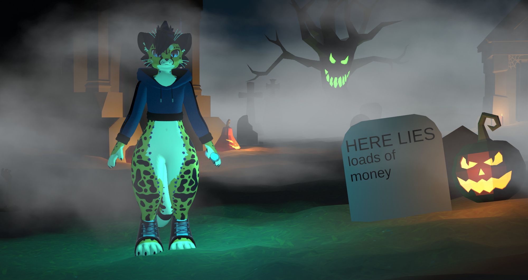 A graveyard scene with a cheetah standing in front and center, looking at the viewer.  There's a gravestone that reads 'HERE LIES loads of money'.  There's a tree in the background that looks spooky with a green, glowing face.