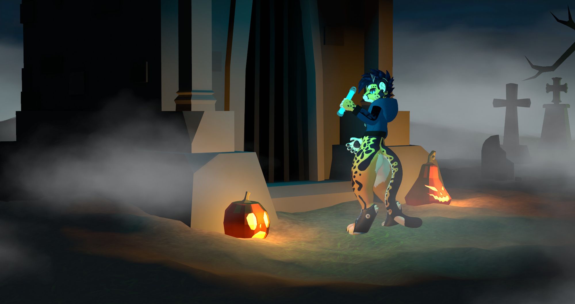 A spooky scene of a graveyard, with a cheetah walking away from the viewer and approaching a gated mausoleum.  There is no gravestone with clever sayings on it here, only creepy pumpkins.