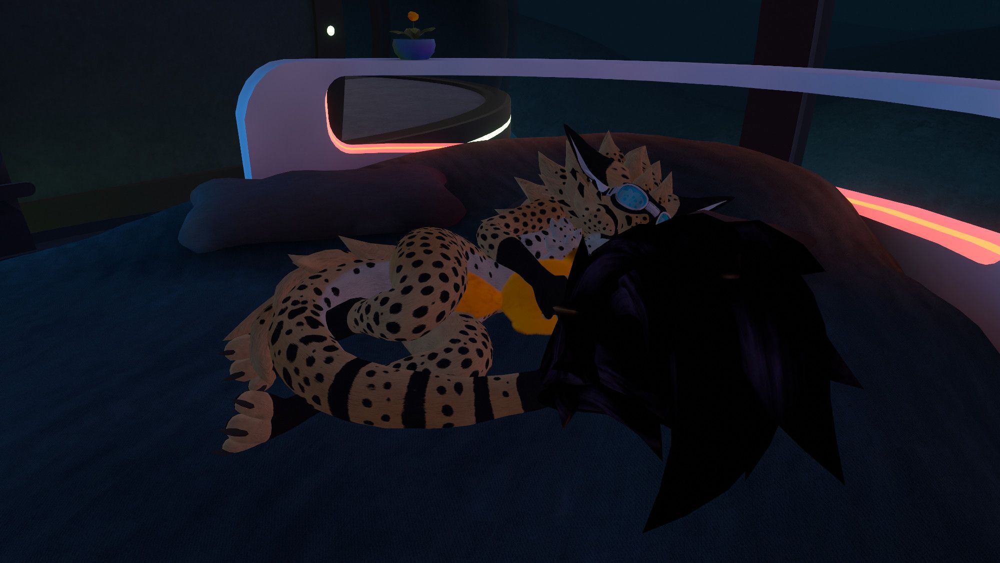 A cheetah spotted Novabeast curled up on bed and napping, because cheetahs are the best at conservation of energy.