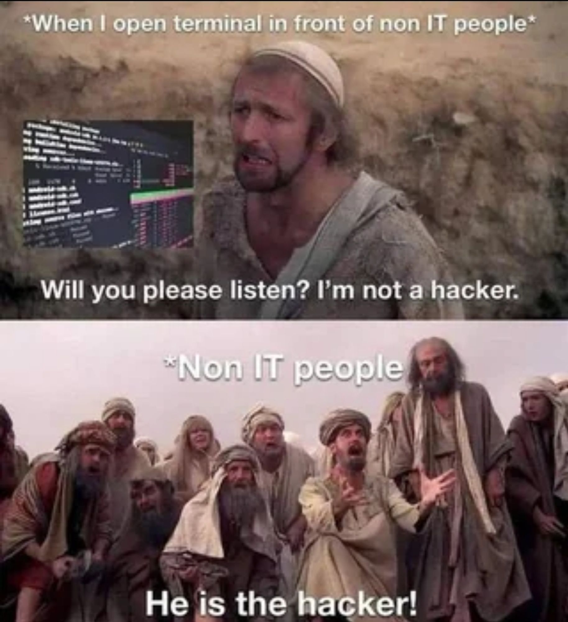 Image from the movie Life of Brian showing two scenes. The top scene shows a man pleading, with the text: 'When I open terminal in front of non-IT people: Will you please listen? I’m not a hacker.' The bottom scene shows a crowd of people pointing and shouting, with the text: 'Non-IT people: He is the hacker!'