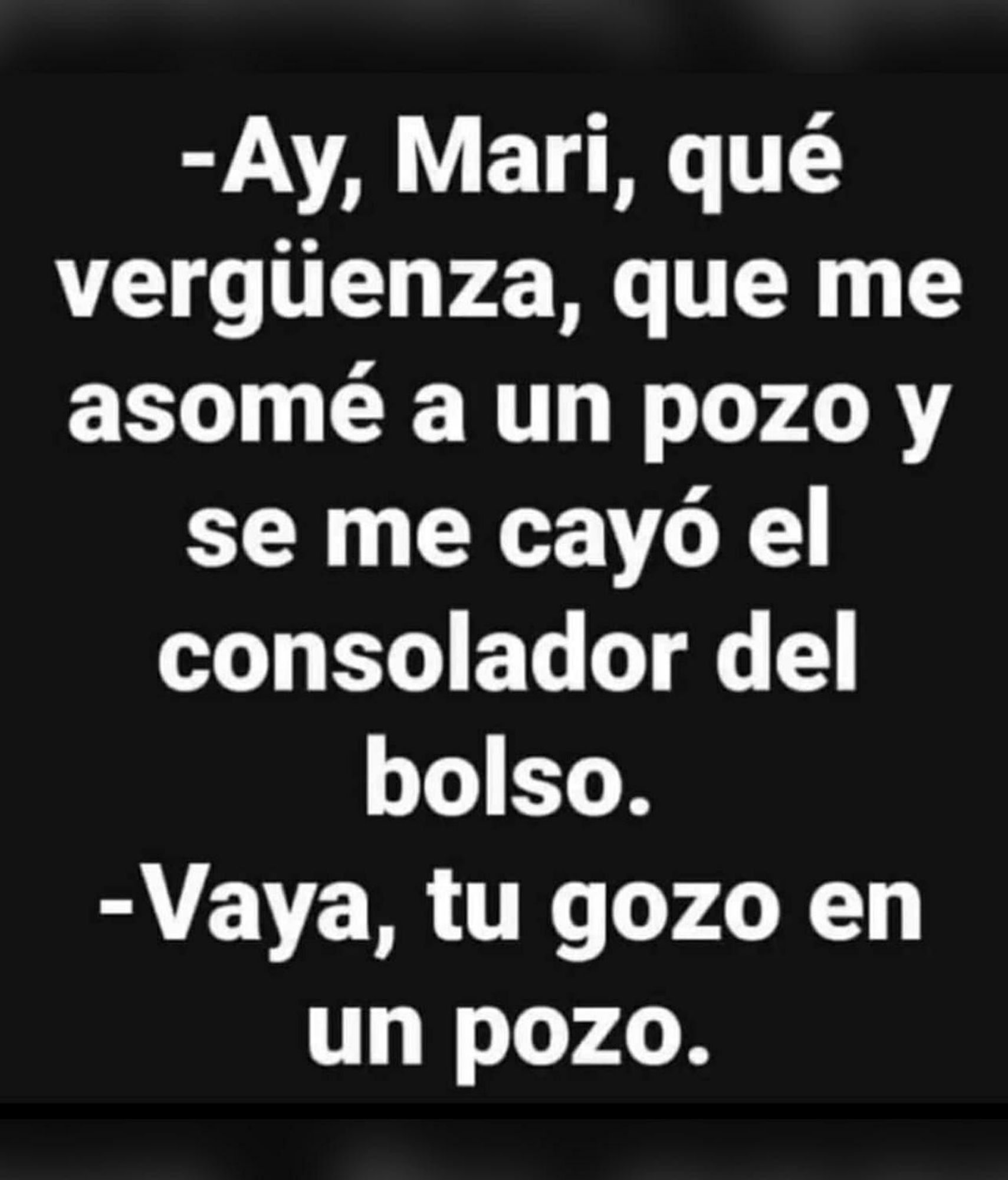 Chiste:

-Ay, Mari, qué vergüenza, que me asomé a un pozo y se me cayó el consolador del bolso.

-Vaya, tu gozo en un pozo.