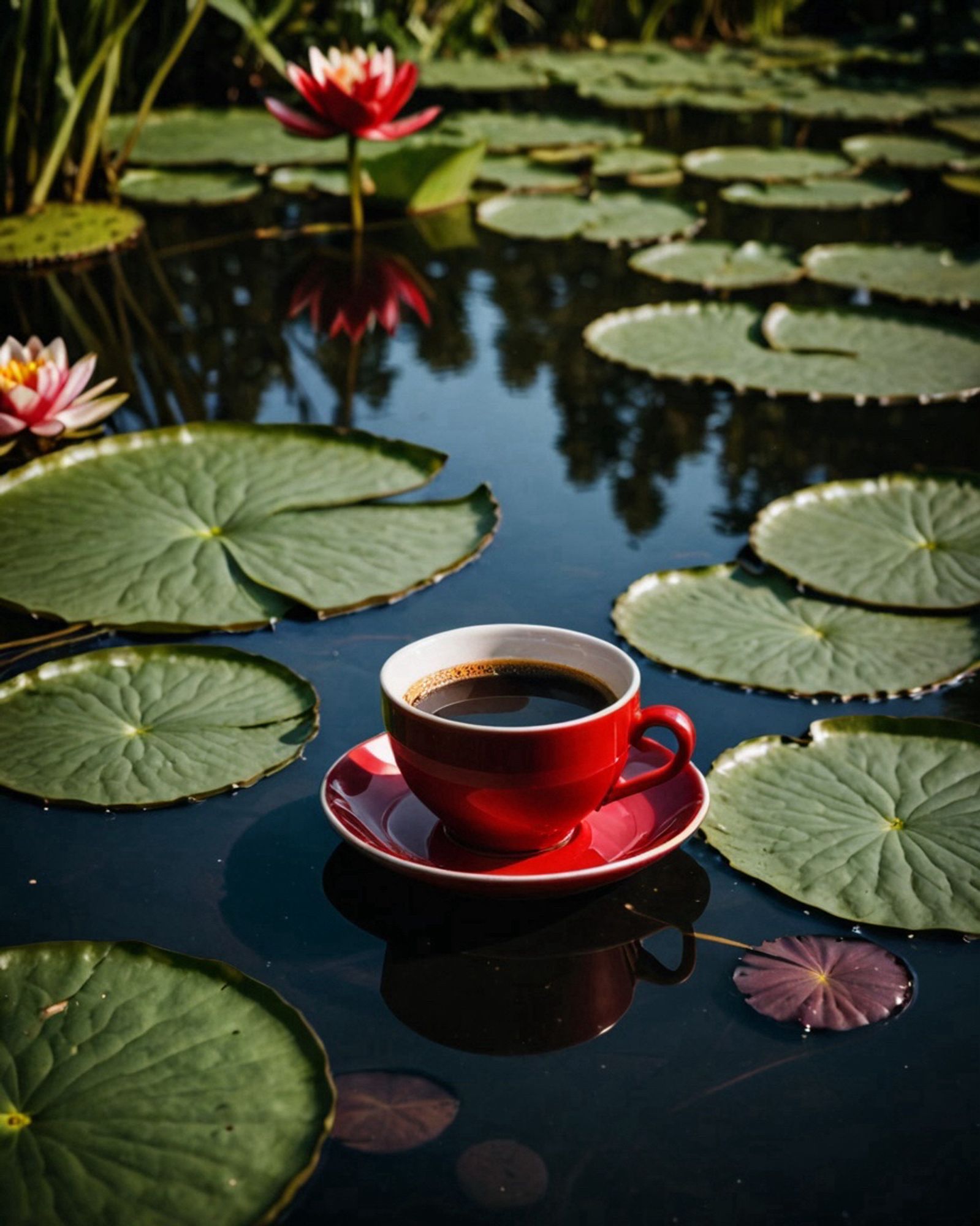 Eine rote Espresso Tasse steht surreal auf einem Seerosen Teich. (AI generiert)