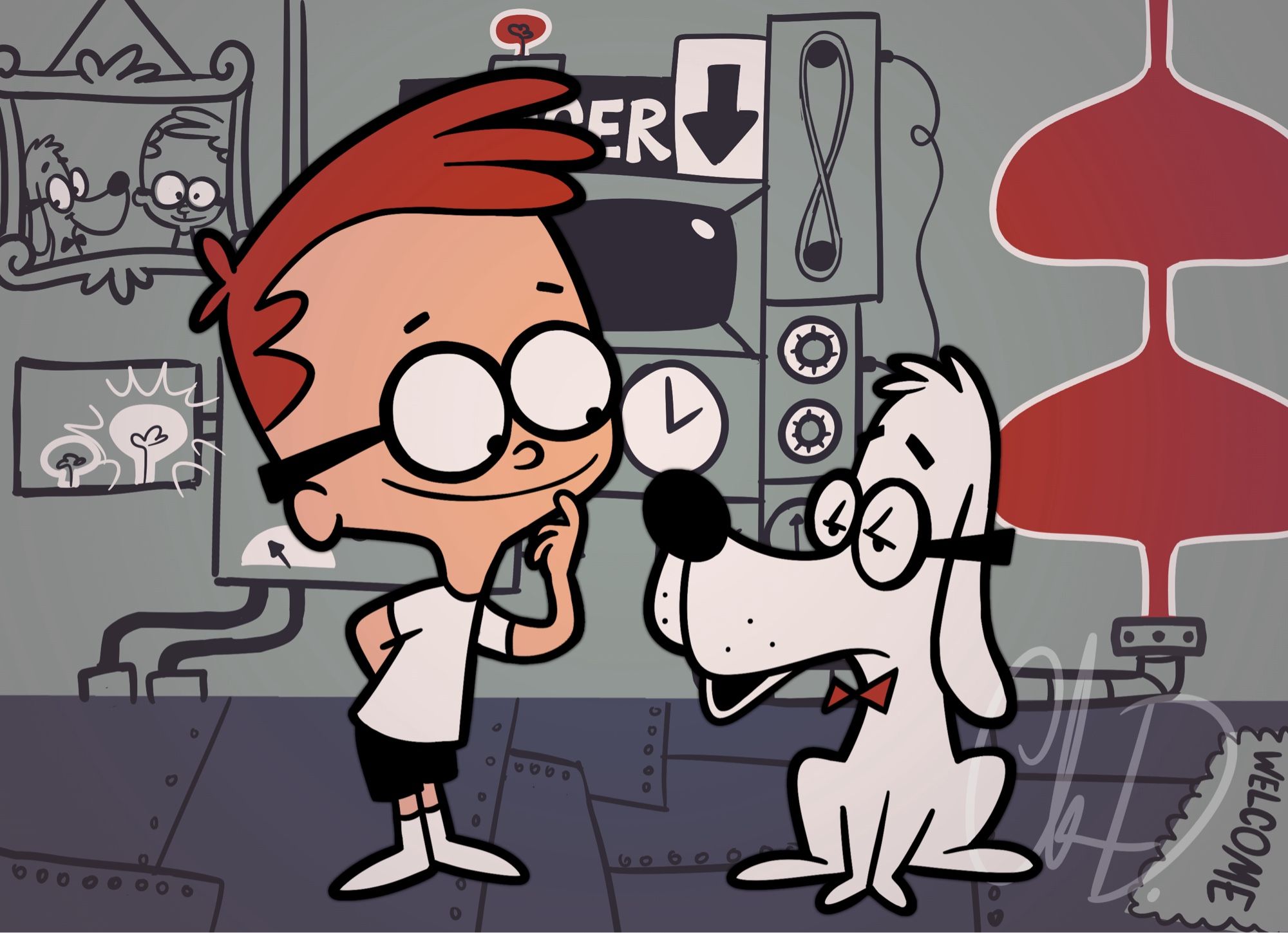 A drawing (by me) of Mr. Peabody and Sherman from "Rocky and Bullwinkle", sitting in front of the WAYBACK Machine.