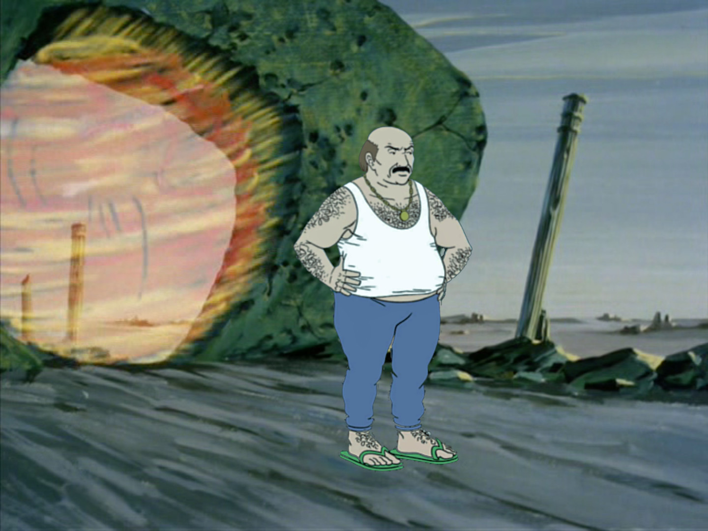 Carl from Aqua Teen Hunger Force stands in front of the Guardian of Forever. Because Star Trek Discovery has decided that the Guardian is a late-middle-age guy named Carl, apparently.