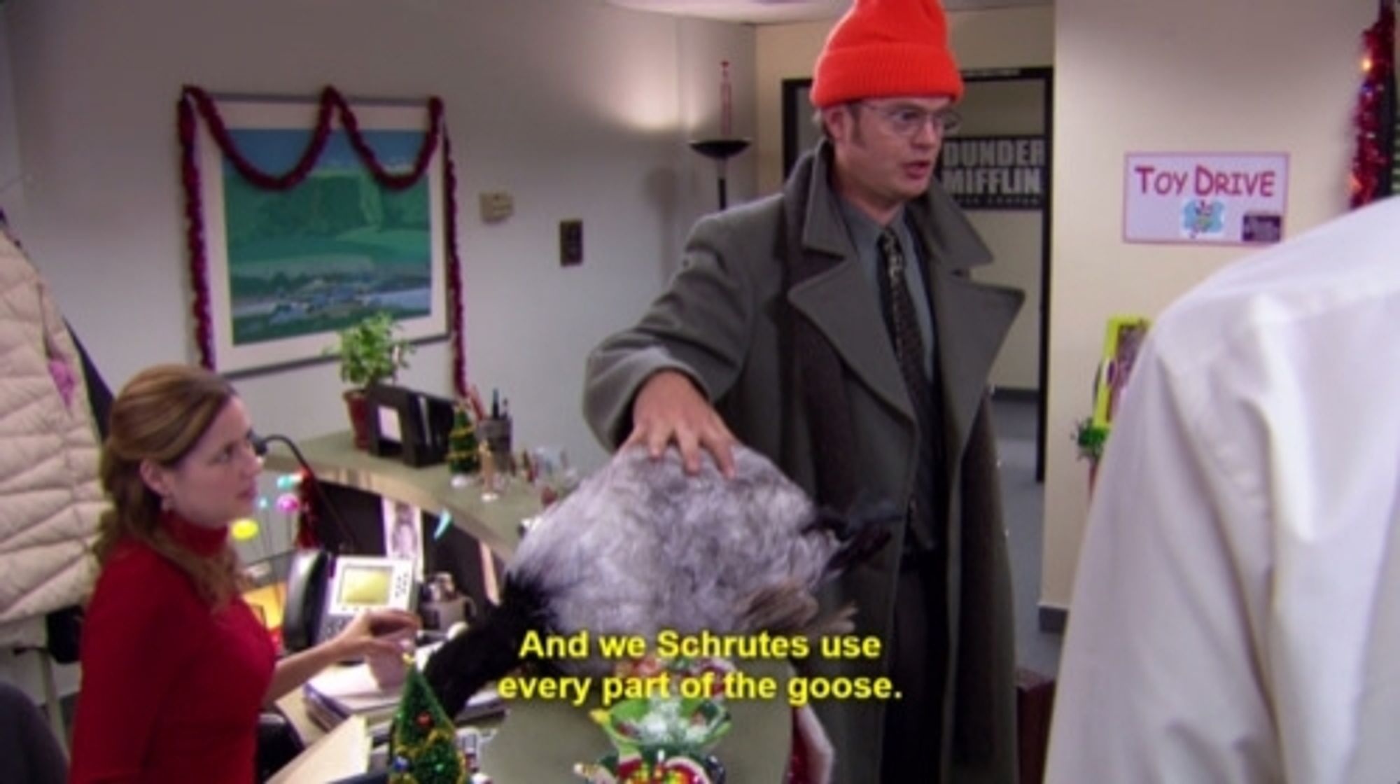 Dwight from The Office with a prop dead goose, with subtitles stating "And we Schrutes use very part of the goose."