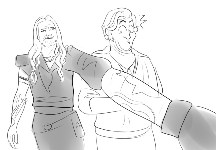 a quick drawing of the reskeeted photo but made to look like archie's arm is in fact ed's long long arm, and stede is drawn looking startled and maybe intrigued