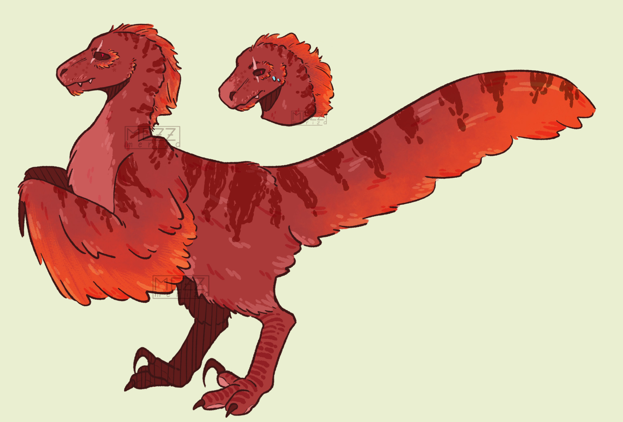 A drawing of a red Utahraptor, one full body and one headshot.