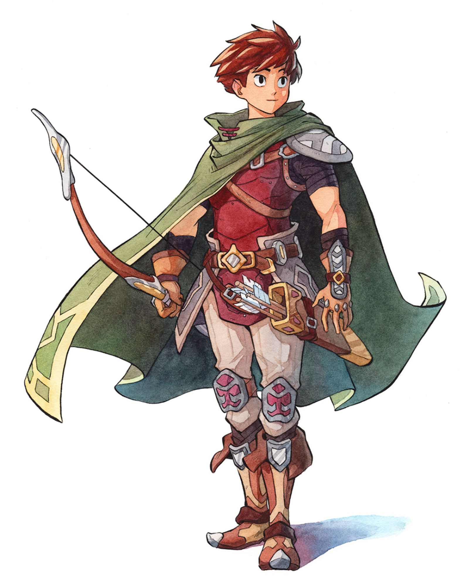 Watercolor painted archer with a green cape, burgundy light armor and beige paints, holding his bow in his right hand, with a quiver on his left side, a shoulder guard over his left shoulder, knee pads and fancy rogue boots with metal pieces.