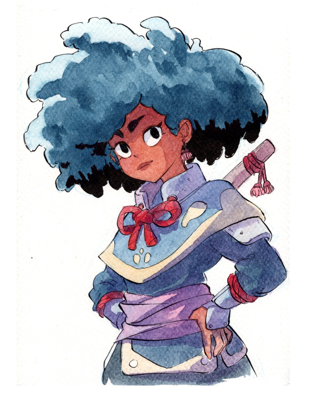 watercolored puffy haired girl in quite random outfit. I don't know how to name these clothes in english. Not sure there's a name anyway. It's fabric and a few pieces of armor.