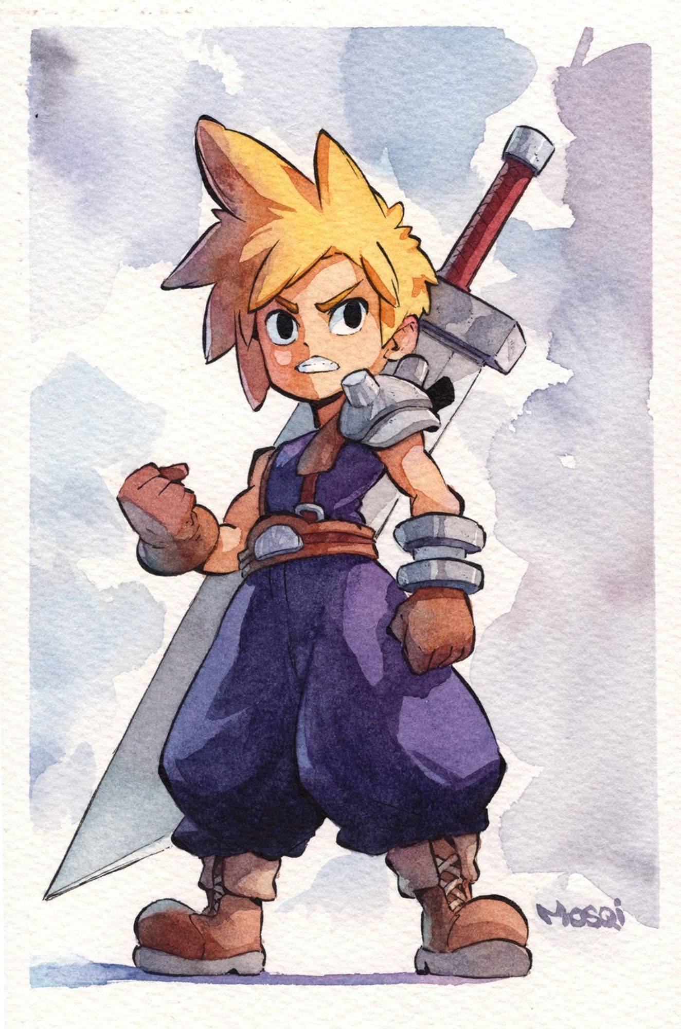 Watercolor painted Cloud Strife, Buster sword in his back and right fist clenched.