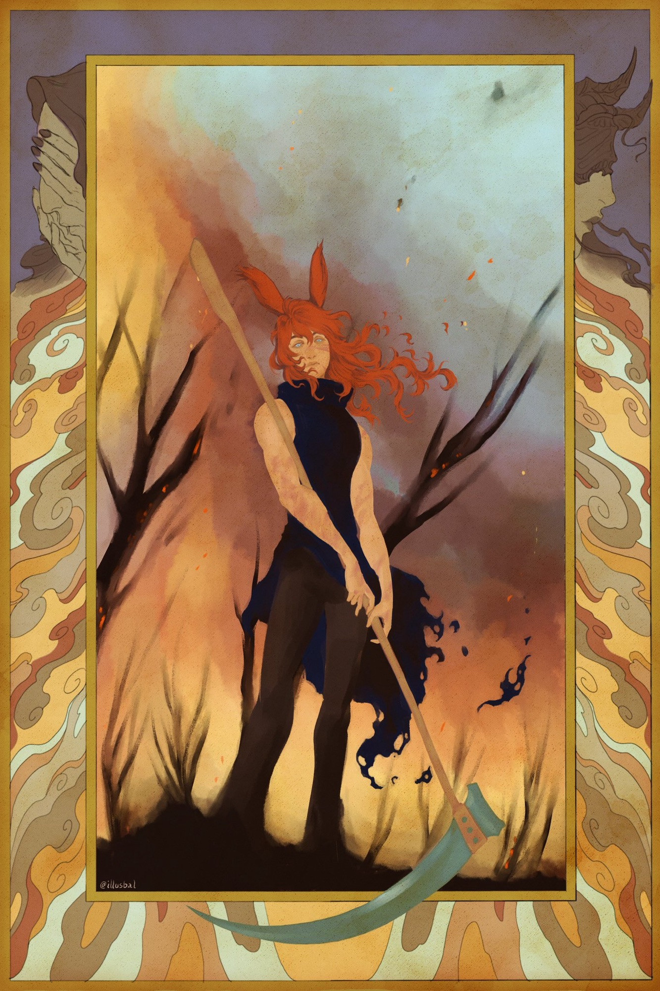 A storybook-style artwork featuring a red-haired viera holding a scythe before a forest fire. The scythe overlaps the bottom border, which features stylized smoke going up the sides and crowned with the profiles of two voidsent. The viera's eyes are hauntingly blue and trained directly on the viewer.