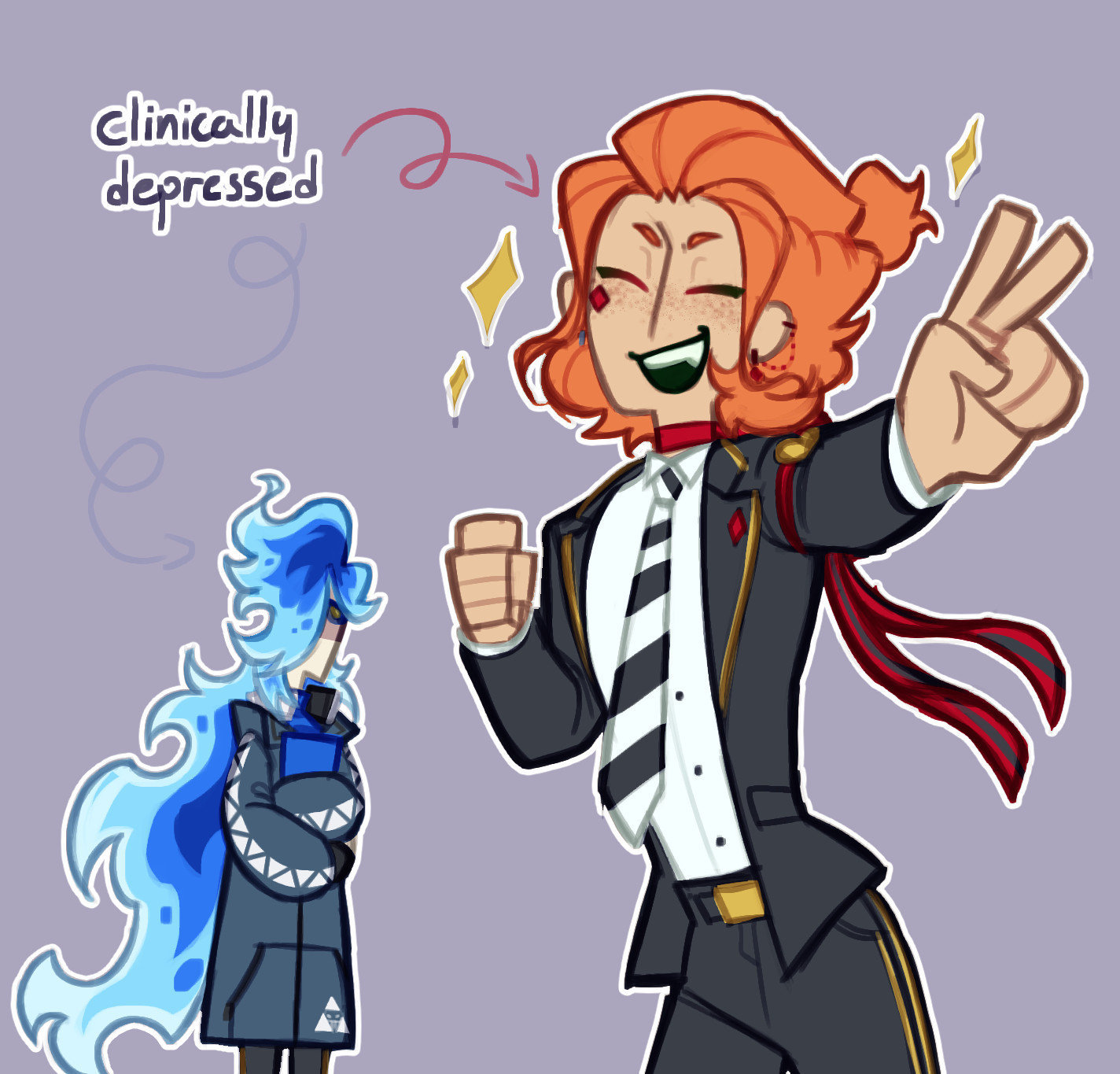 An illustration of Idia Shroud and Cater Diamond from Twisted Wonderland. Cater is seen holding a peace sign to the audience, smiling with his eyes closed and sparkles beside him. Idia is seen on the background, standing hugging his tablet. The text "clinically depressed" is seen floating on the upper-left corner, with arrows pointing at both, although Idia's is fainter.