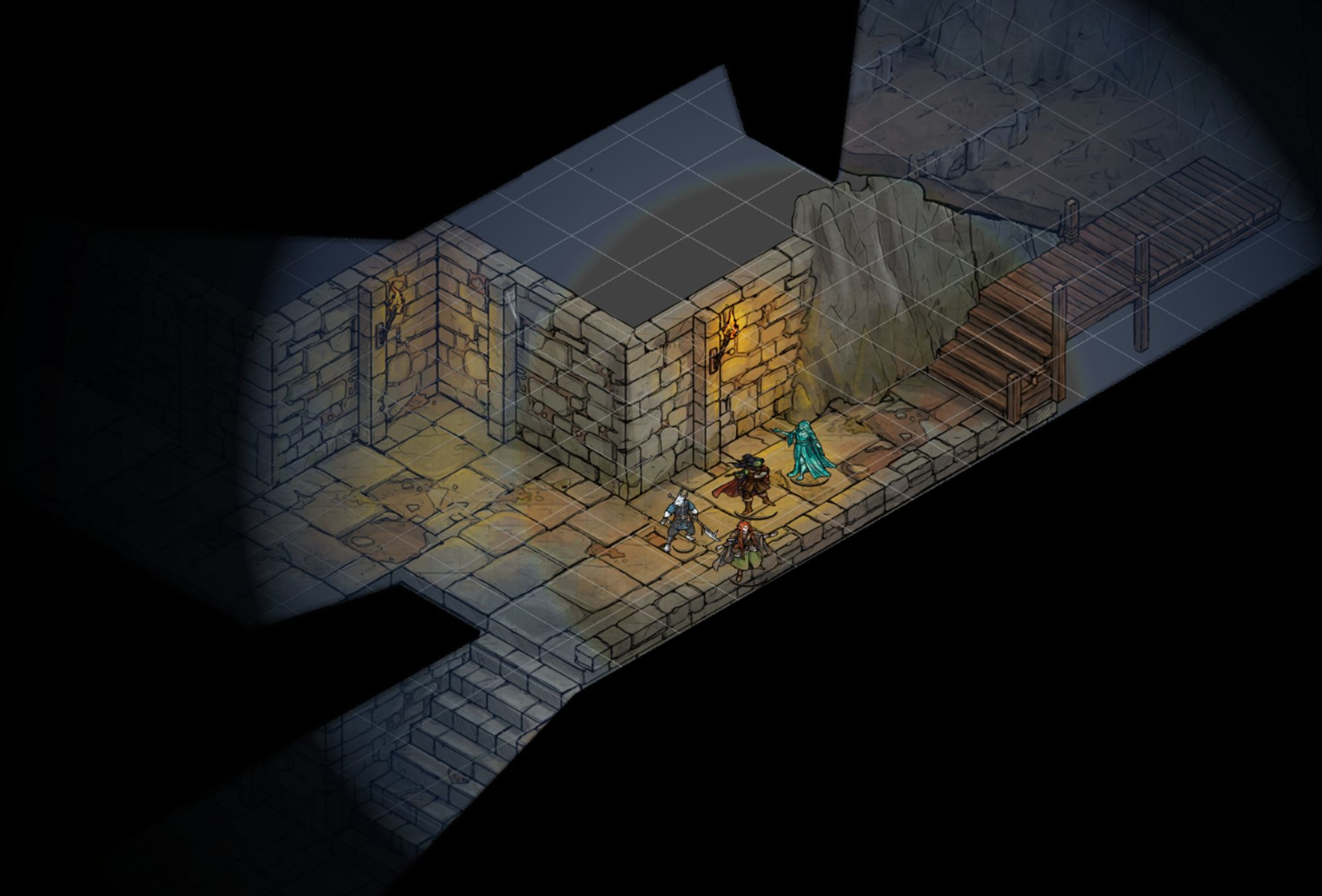 Four adventurers explore a flagstoned dungeon - isometric artwork.