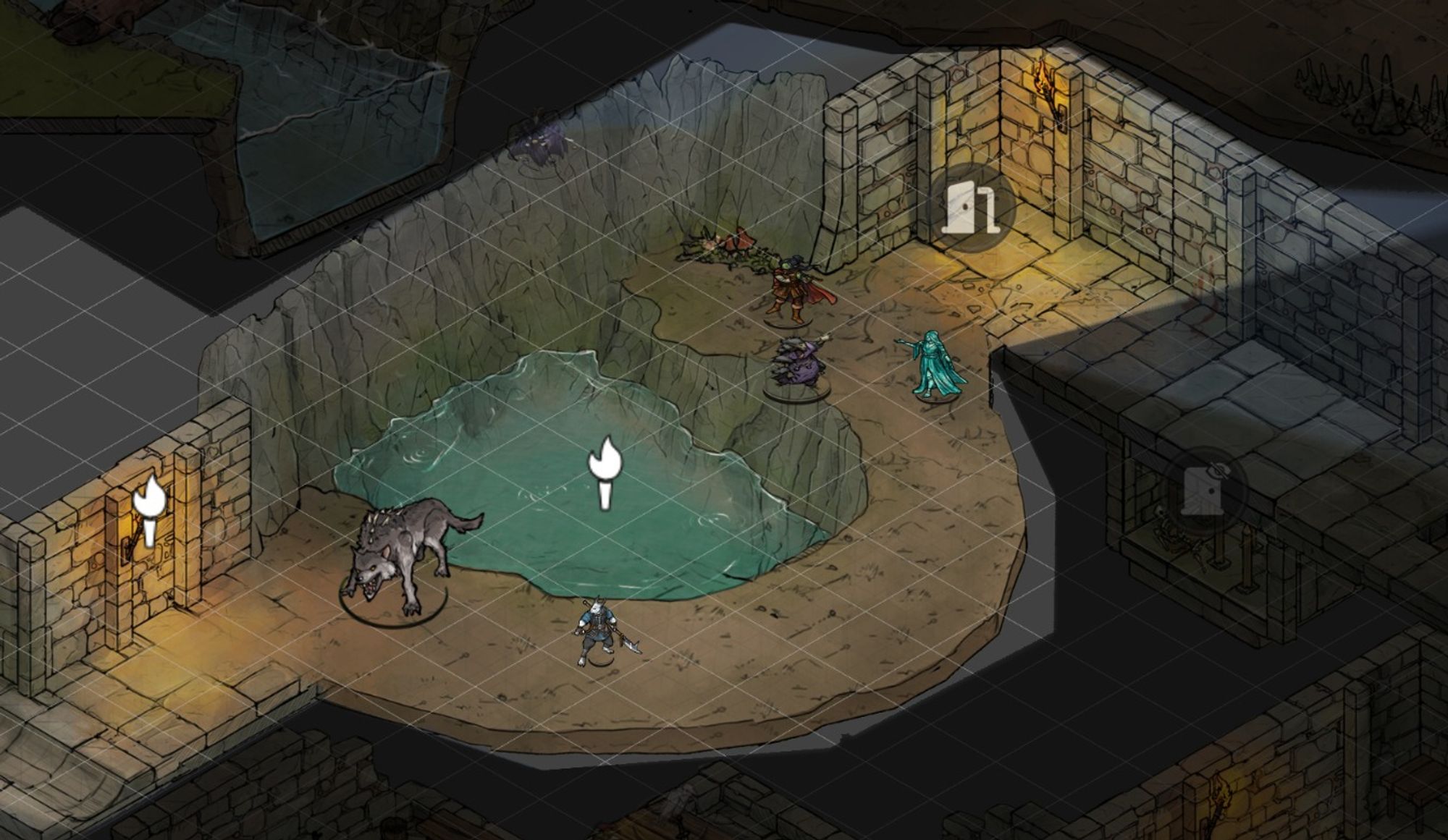 A screenshot from a D&D game hosted on Roll20. Characters on an isometric map stand around a pool of water in the floor of a dungeon caorridor.