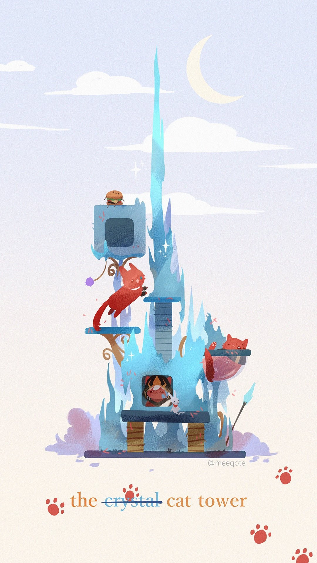 Cute art of a cat tower inspired and parodied with the Crystal Tower from the Final Fantasy 14 game. Three red cats are occupying the tower, each one is a G'raha Tia at different growth stages. A plush toy of a burger and a grey bunny plush toy can be found on the tower.
Text: the crystal cat tower