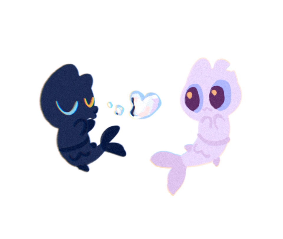 A digital drawing of two mermaid-cats, the dark blue one on the left is blowing a heart shaped bubble towards his beloved light purple cat mermaid.