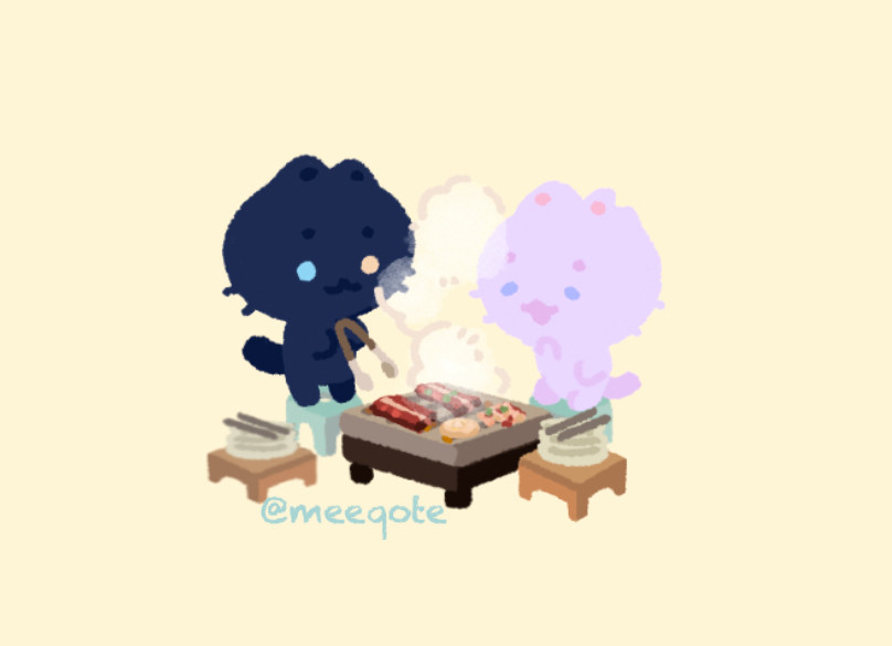 Art of two cats, one dark blue and one light purple, eagerly having a Korean barbecue.