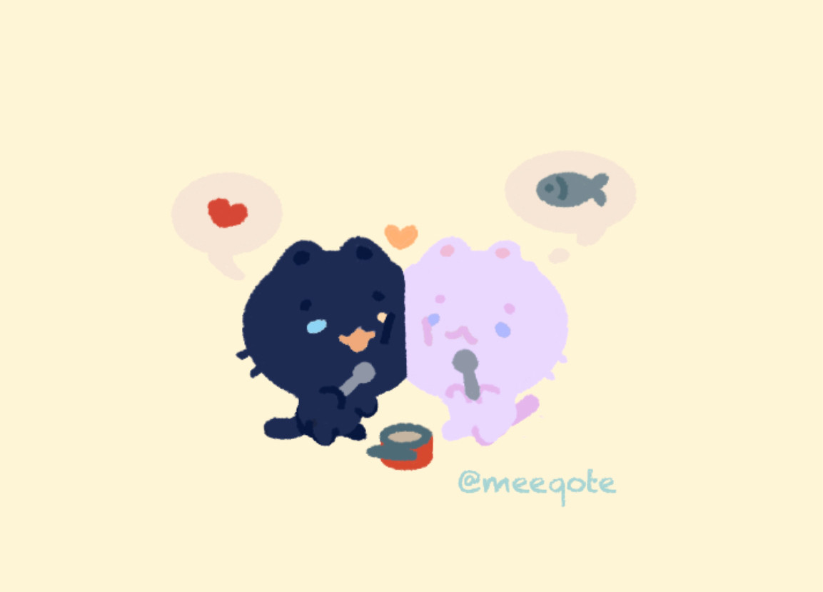 Art of two cats, one dark blue and the other light purple, with their cheeks squished together while both of them holds a spoon each, about to eat a can of tuna.