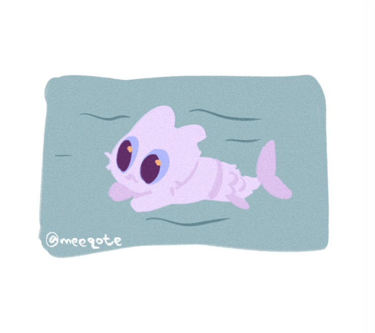 A digital drawing of a light purple cat with blue eyes, with a mermaid tail, swimming happily. 