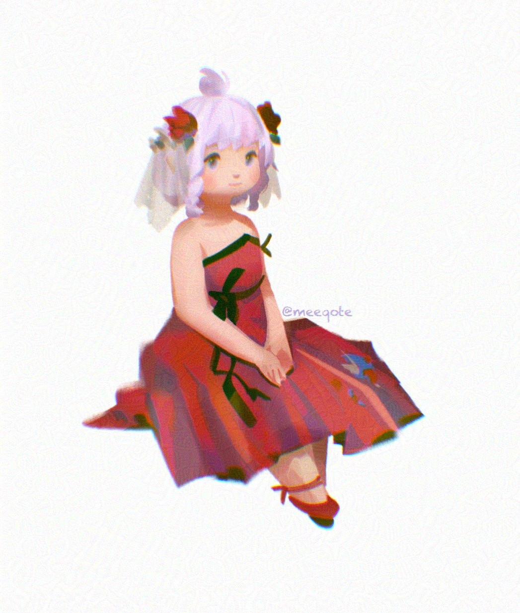 A lineless digital drawing of a lalafell race from the game Final Fantasy 14, she is wearing a sleeveless crimson red dress and red shoes, she sits and faces 1/4 to the right, she has short, light purple hair which is braided on two sides, she has two red flowers in her hair.