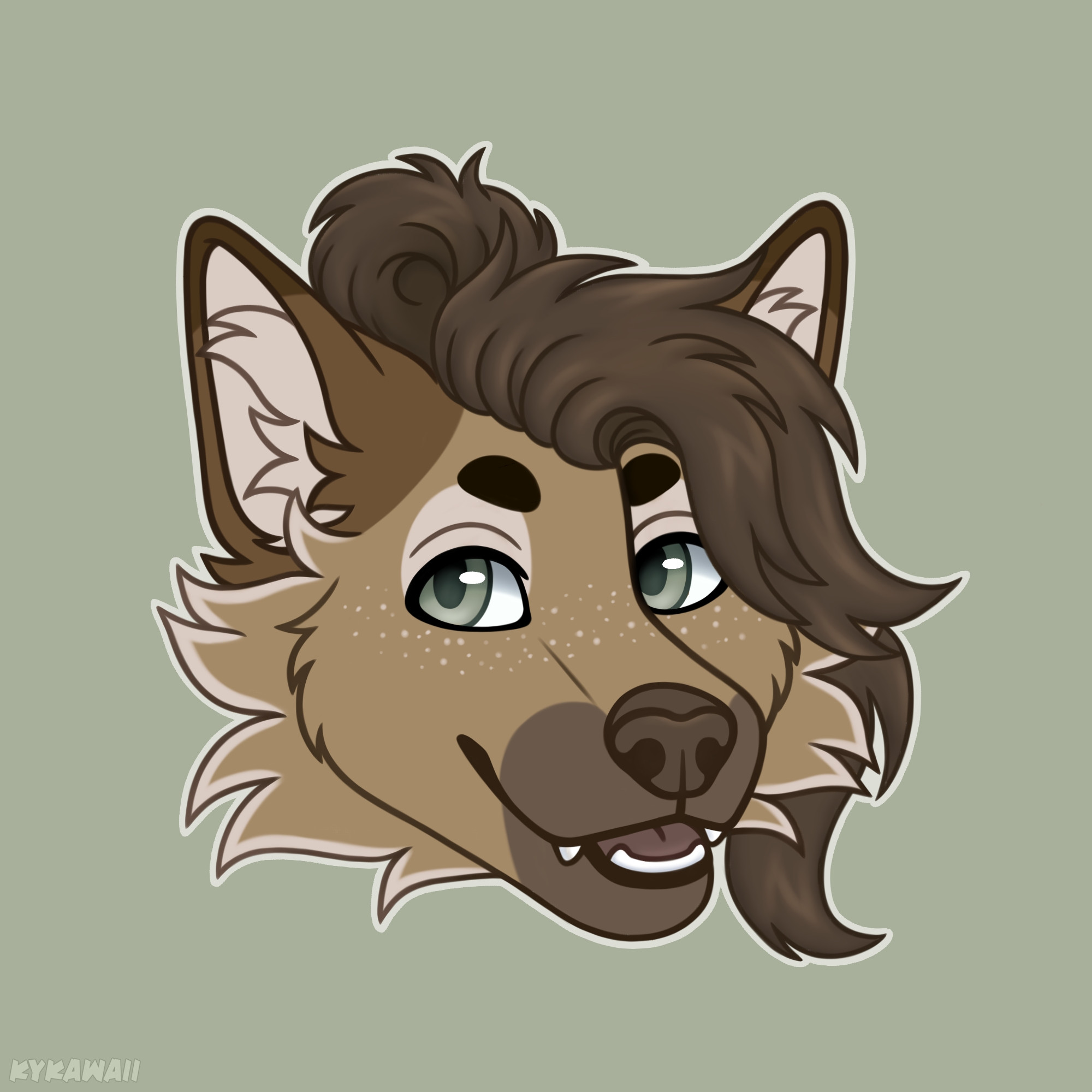 A floating head of a tan and brown toned wolf, with light green eyes, darker brown muzzle, nose, and ears, cream coloured inner ears and ends of cheek fur, and darker brown hair flowing to the right side, with a messy bun at the top.