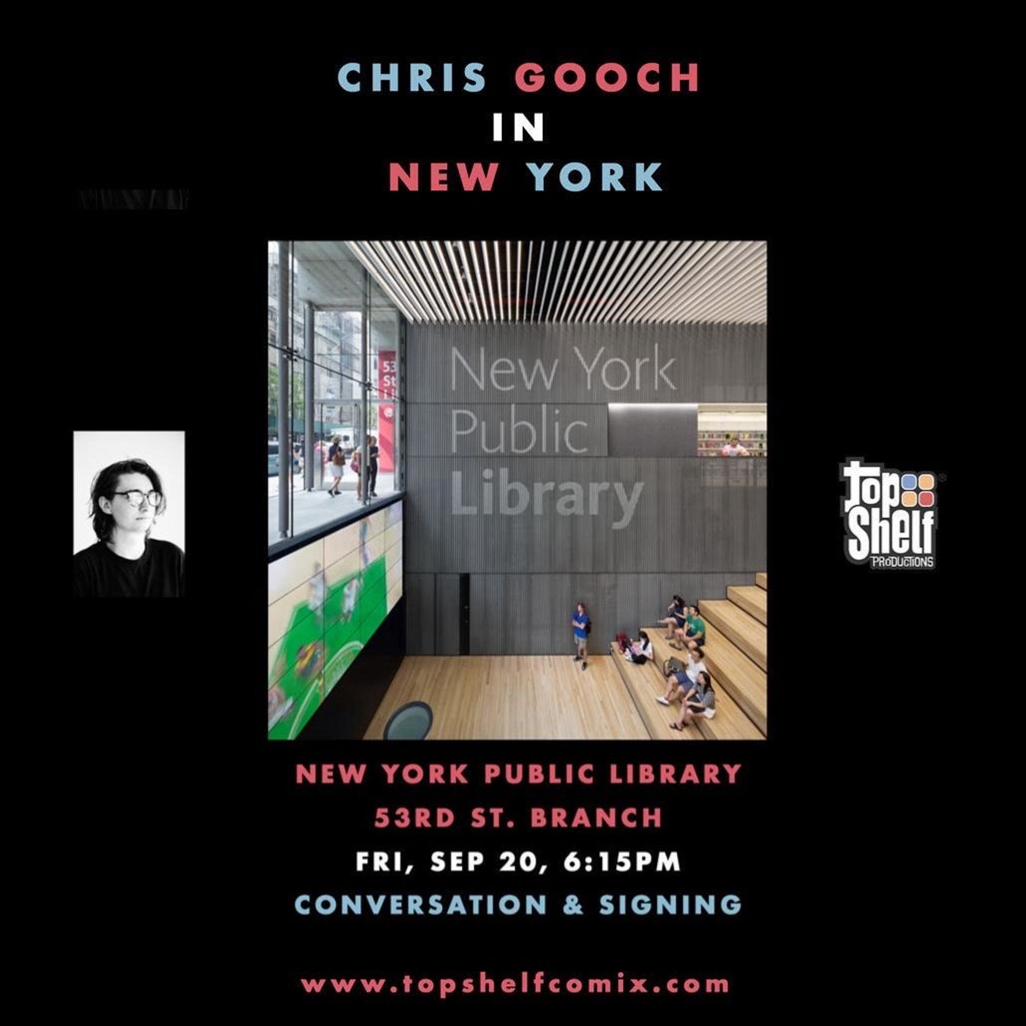 A flyer for Chris Gooch’s appearance tonight, Fri, Sep 20, at 6:15PM at the New York Public Library’s 53rd St branch.