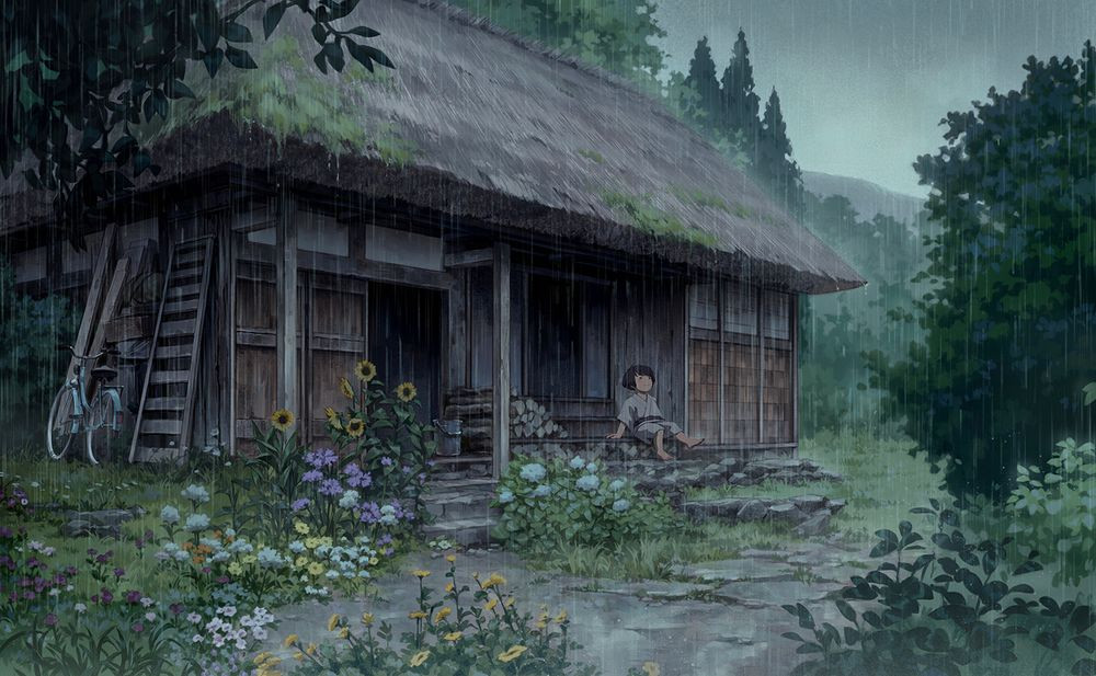 A painting of a traditional Japanese house surrounded by nature and flowers. A child sitting on the porch. It's raining.