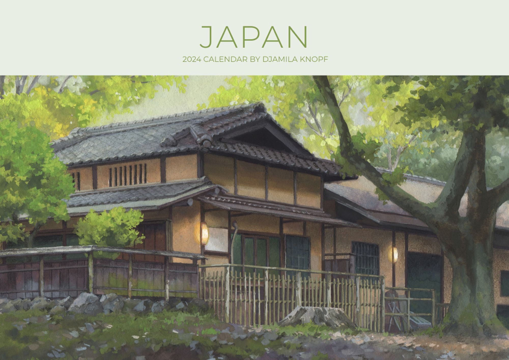 A gouache painting of an old Japanese tea house surrounded by trees. Brown, purple, and yellow-green hues.