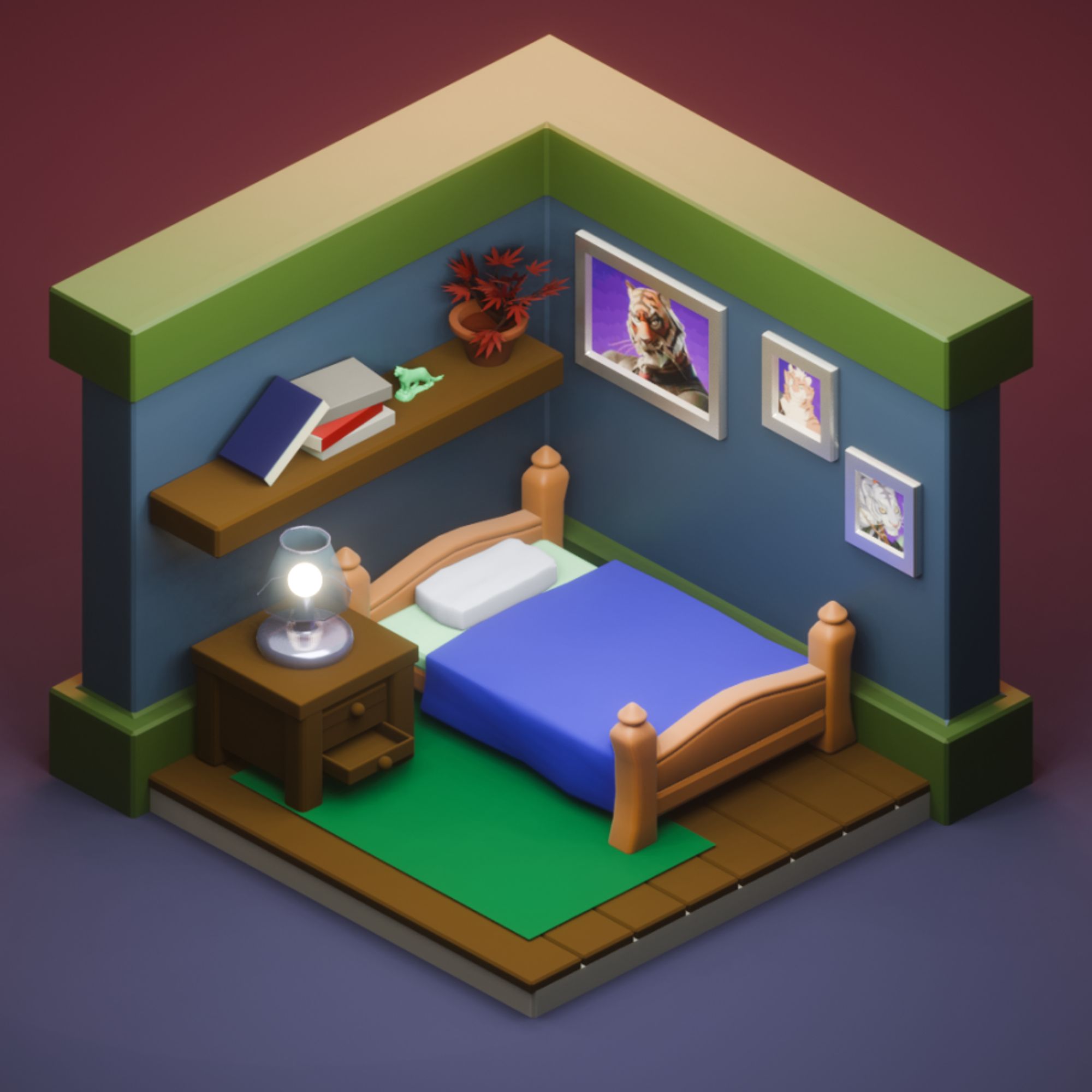 A 3d model of a quaint little bedroom.  The muted colors of the wall and floor provide ample contrast for the vibrant blue and green bed and rug to stand out.  On the right side, various tigers are displayed in picture frames hung on the wall.  On the left side, a shelf displays a maple bonsai, a small tiger statue, and a bunch of books.  Sitting besides the bed is a little lamp on top of a dresser with has its bottom drawer drawn out.