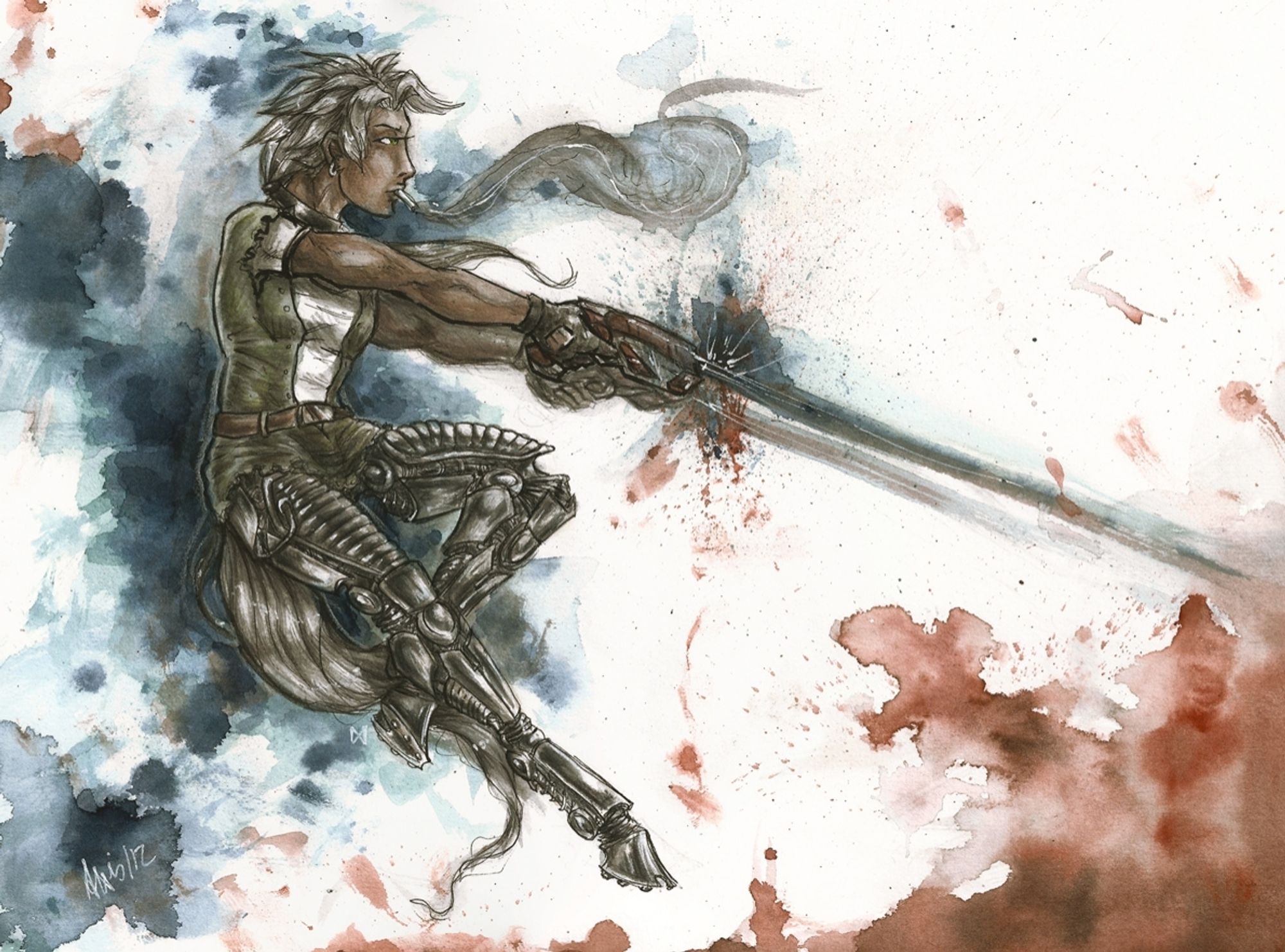 A watercolour painting with exploding clouds of blue and red in the background. A female humanoid character with silver hair is firing futuristic handguns in midair. Her legs are cybernetics; digitigrade, fully chromed and ending in hooves rather than feet. She's smoking a cigarette and looking rather grimly into the direction she's shooting.