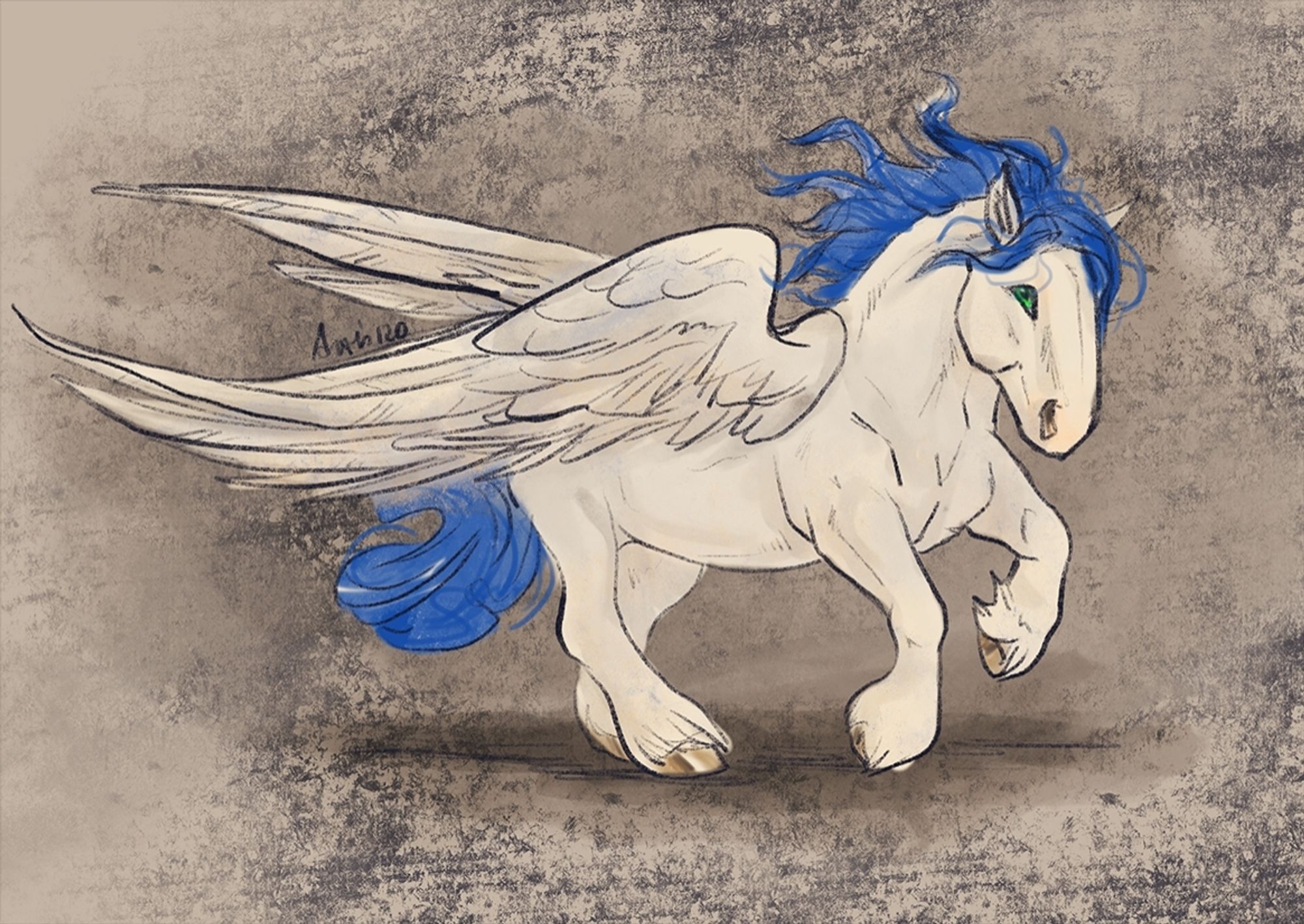 A digital drawing of a white Shire Horse pegasus with blue mane and tail, galloping to the right.