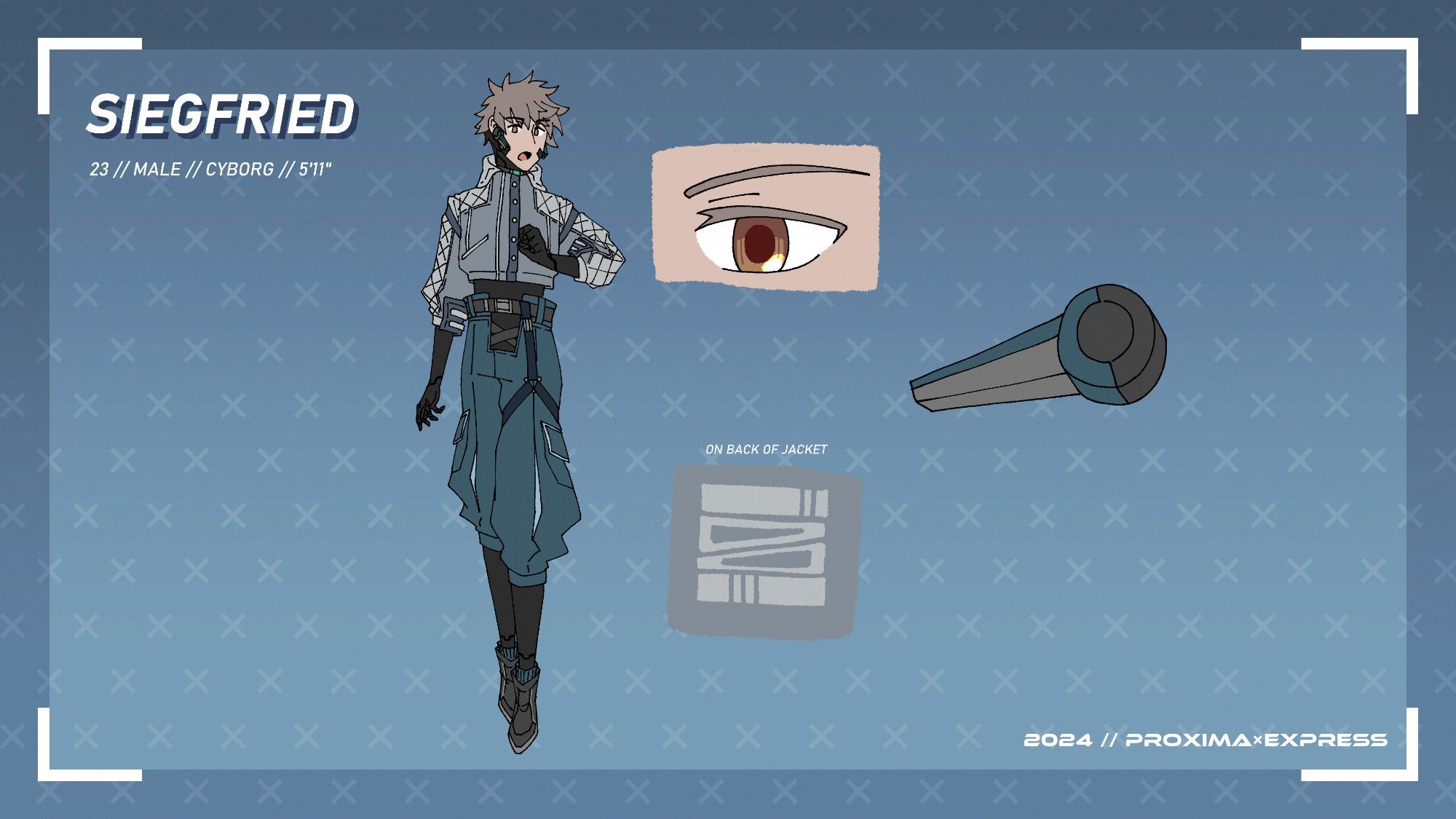 Official reference sheet for Siegfried, complete with his character design and additional concepts for his eye, logo pattern, and earpiece