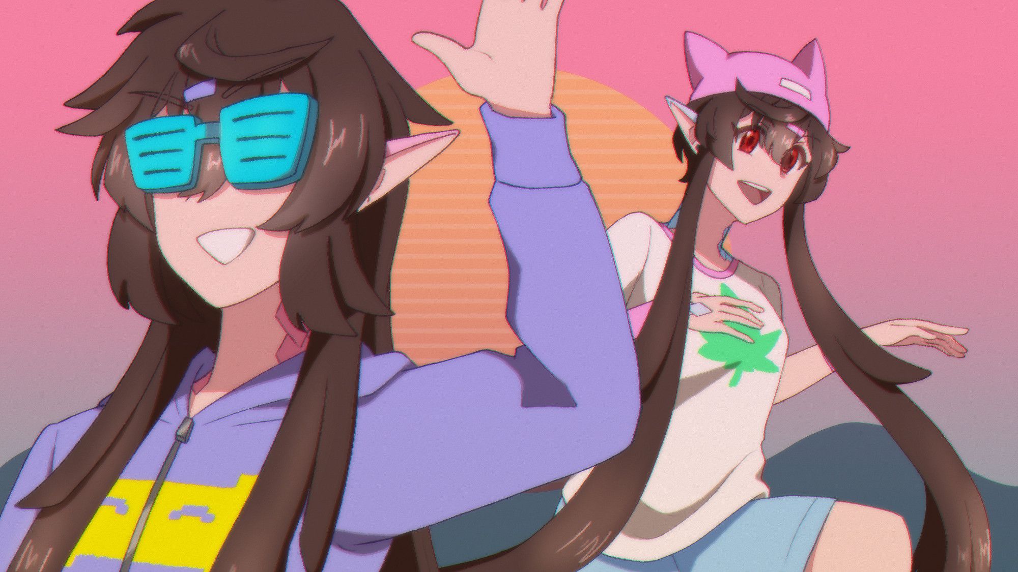 Illustration of Fuwa Maria and Fuwa Mario in a evening vaporwave-like setting. Maria is wearing a pink cat-shaped hat, a pink hariclip, a weed t-shirt, and a pair of shorts, while Mario is wearing a pair of bright blue sunglasses, a purple hairclip, and a purple hoodie with a yellow video game sprite.