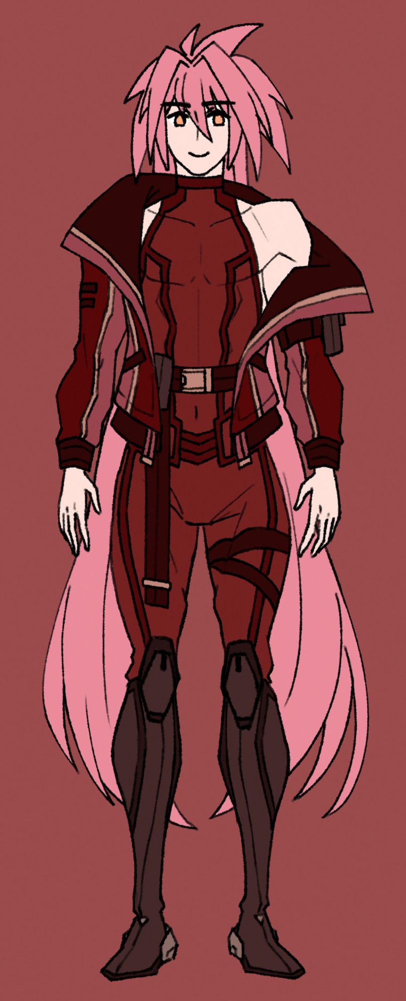 Fullbody standing illustration of Aphenos who is looking to the right against a red background; he is wearing a red bodysuit and jacket adorned with a couple of belt, and a pair of long brown boots