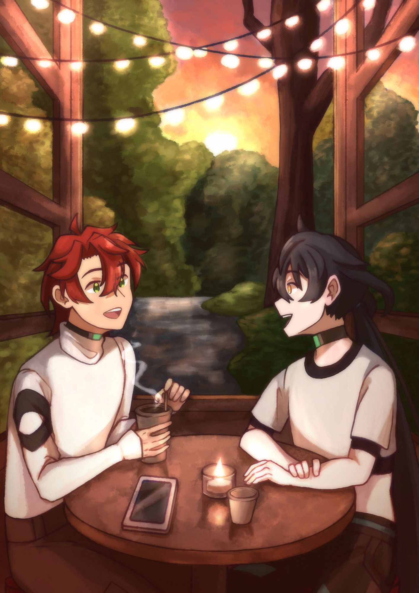 Illustration of Nika and Iori from PROXIMA×EXPRESS sitting around a round coffee table and having a conversation amidst an evening lake backdrop