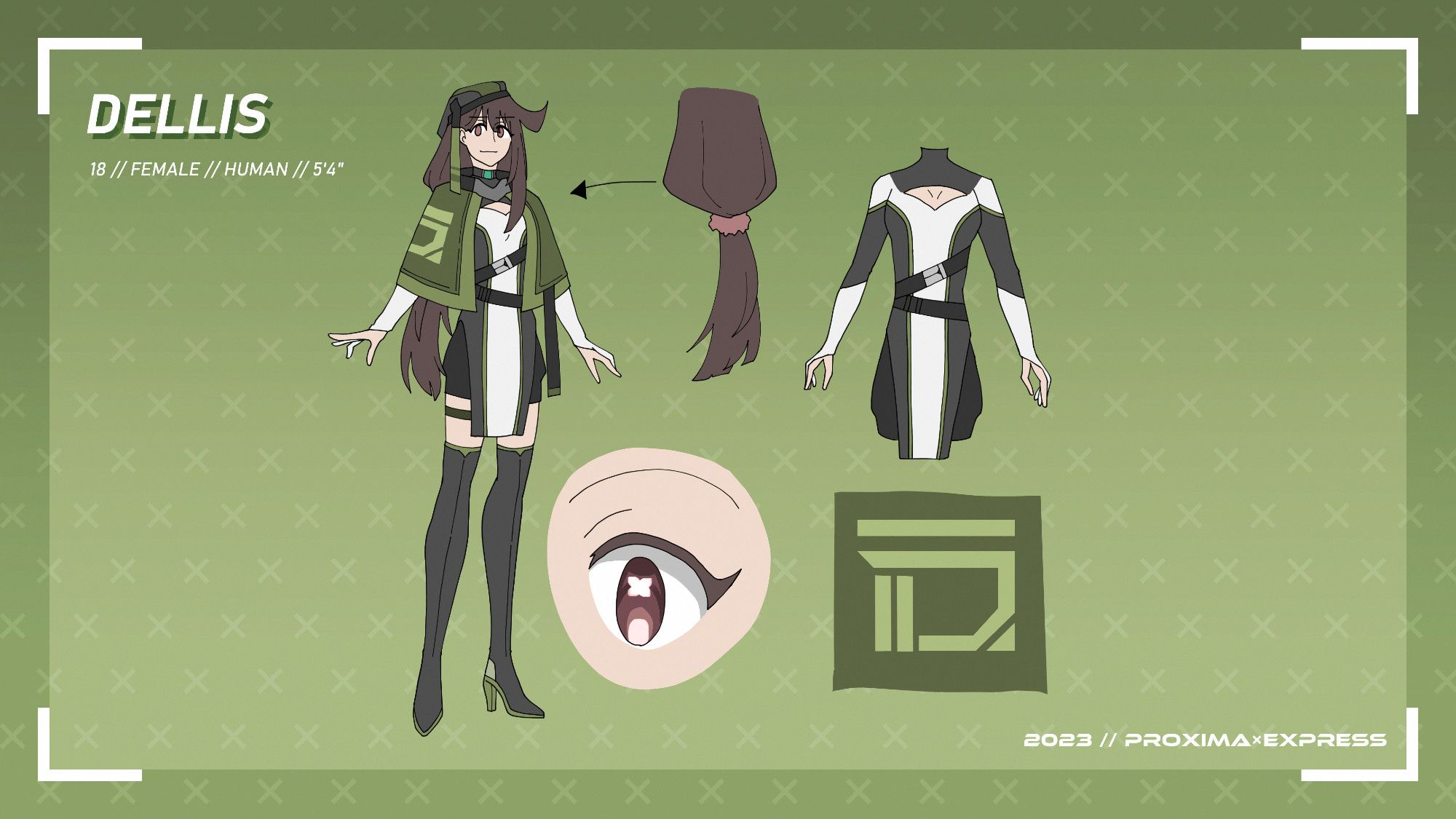 Official reference sheet for Dellis, which includes her character design and other visual concepts such as her eye design, logo, back of hair and her clothing without the coat