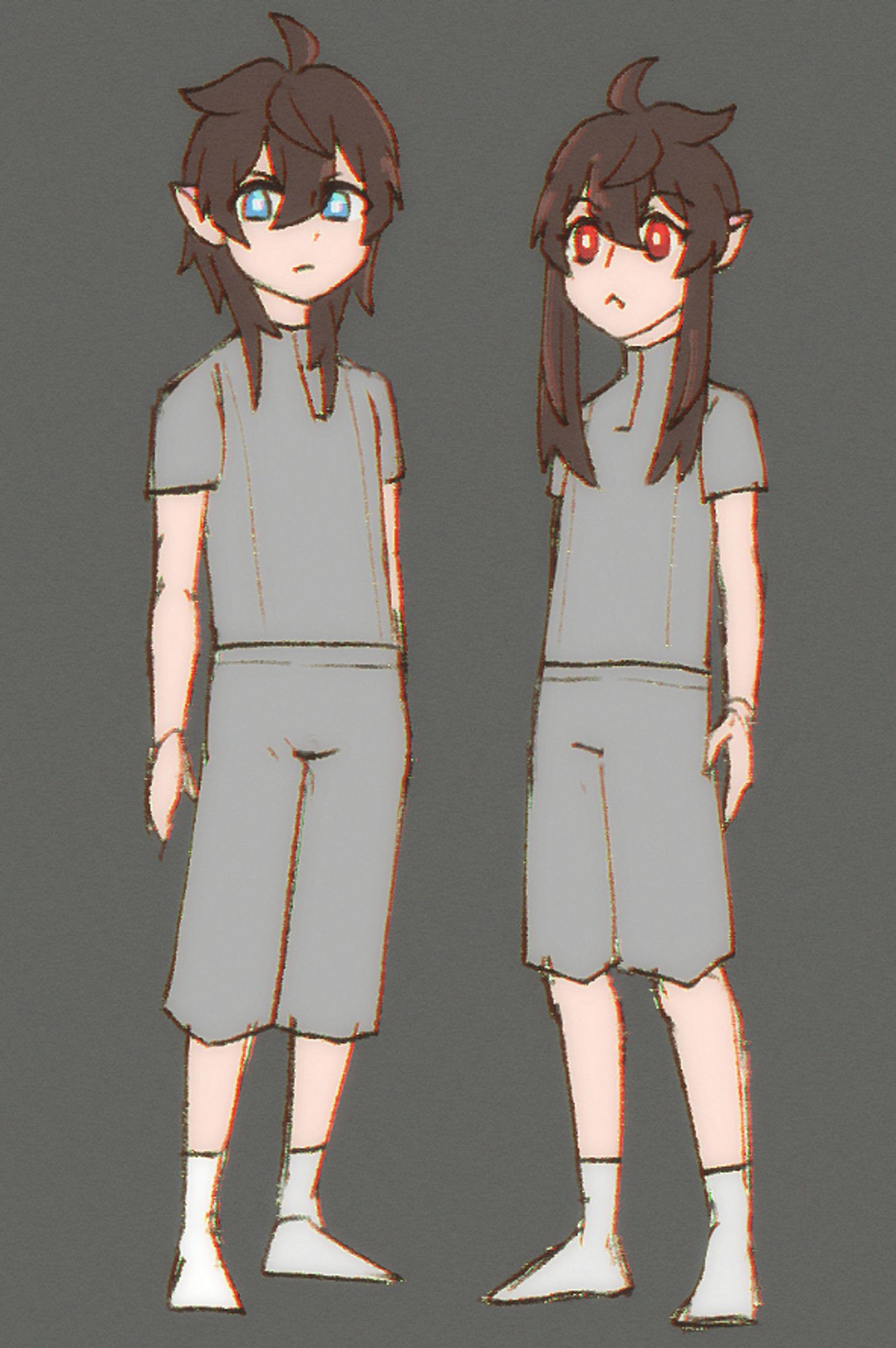 Fuwa Mario and Fuwa Maria as children. Both of them are wearing a gray shirt, shorts, and white socks, with their qilin-like features missing.