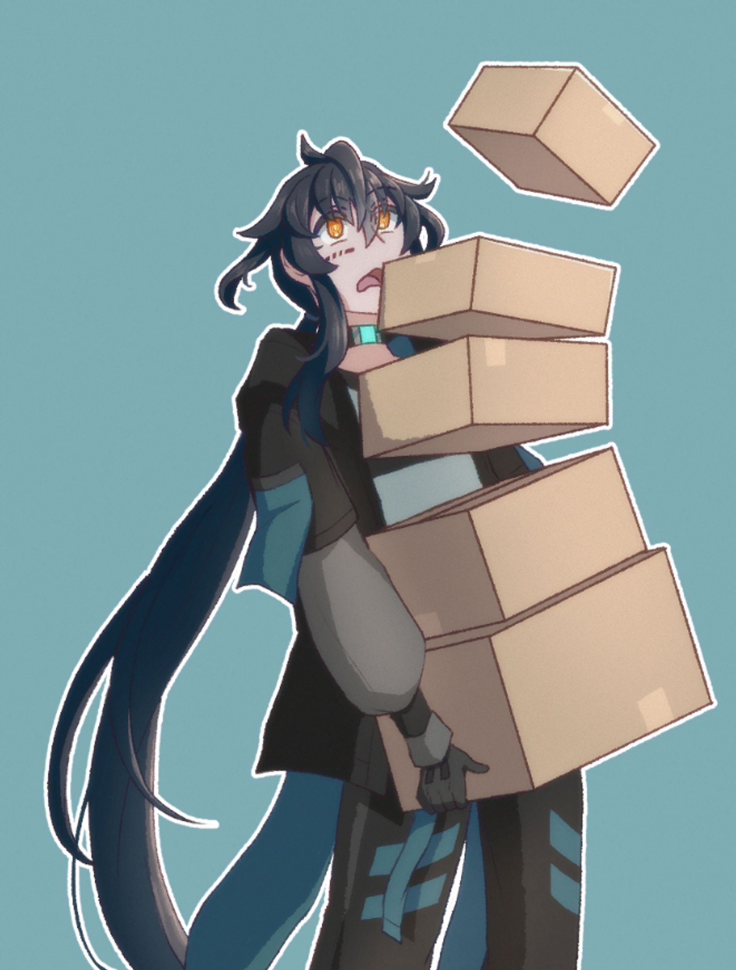 Illustration of Takamine (PROXIMA×EXPRESS) carrying a stack of cardboard boxes that are about to fall