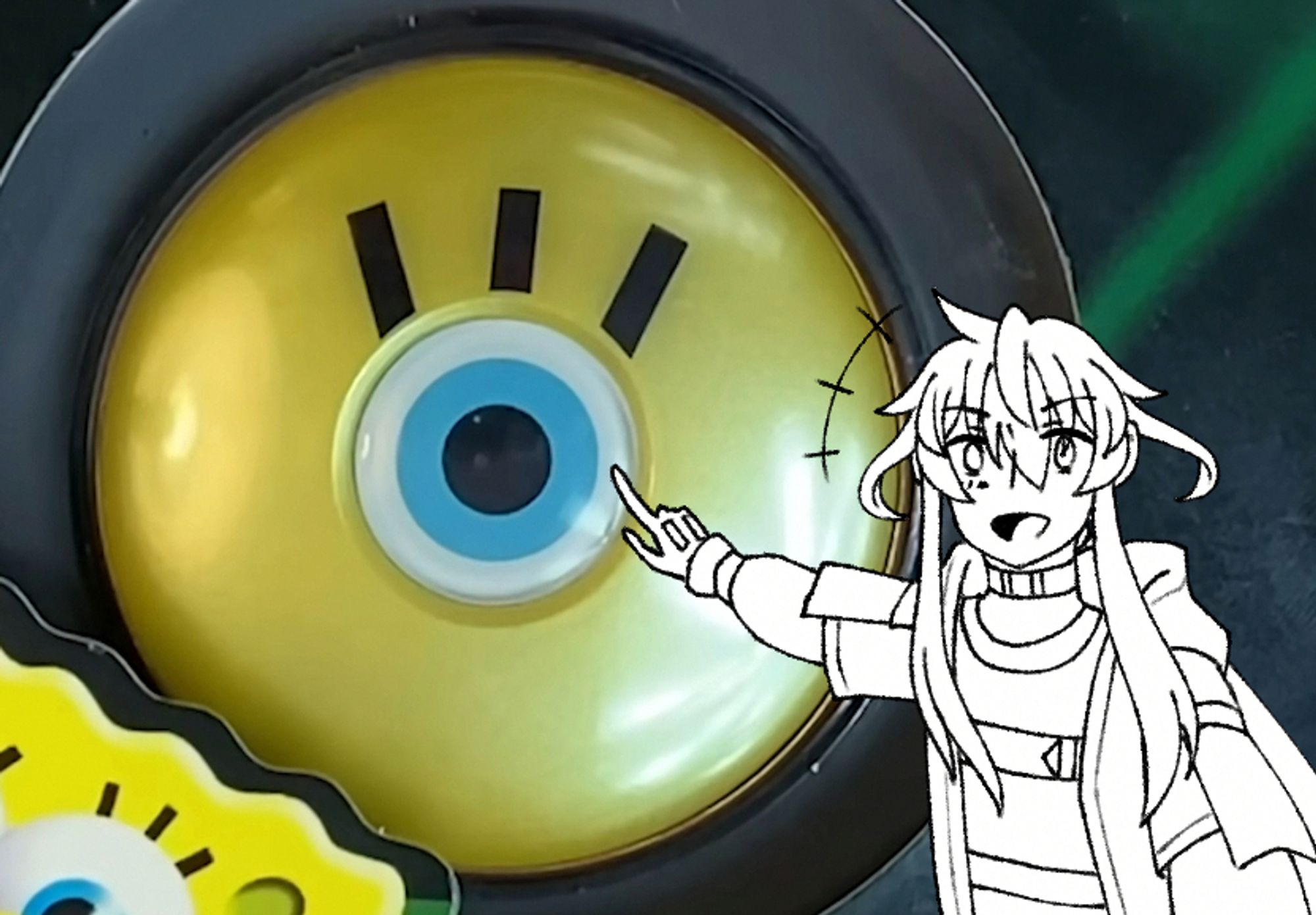 Iori happily pointing out to a Spongebob MP3 player shaped like Spongebob's eye, which is a screenshot taken from the video "I found a nightmare." from Dankpods.