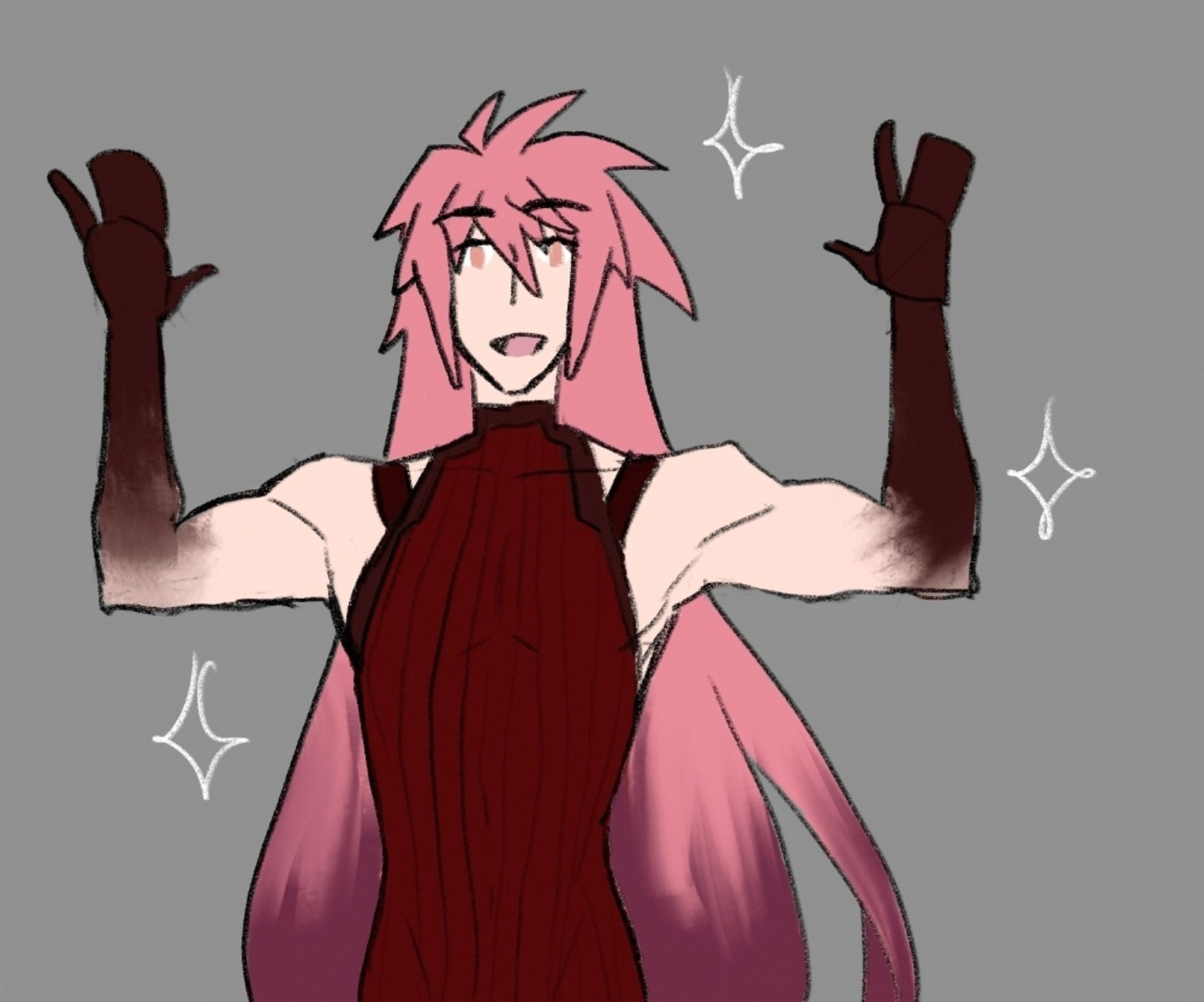 Rough concept of Aphenos only wearing his turtleneck. Both of his forearms are raised up, each with a dark mahogany gradient.