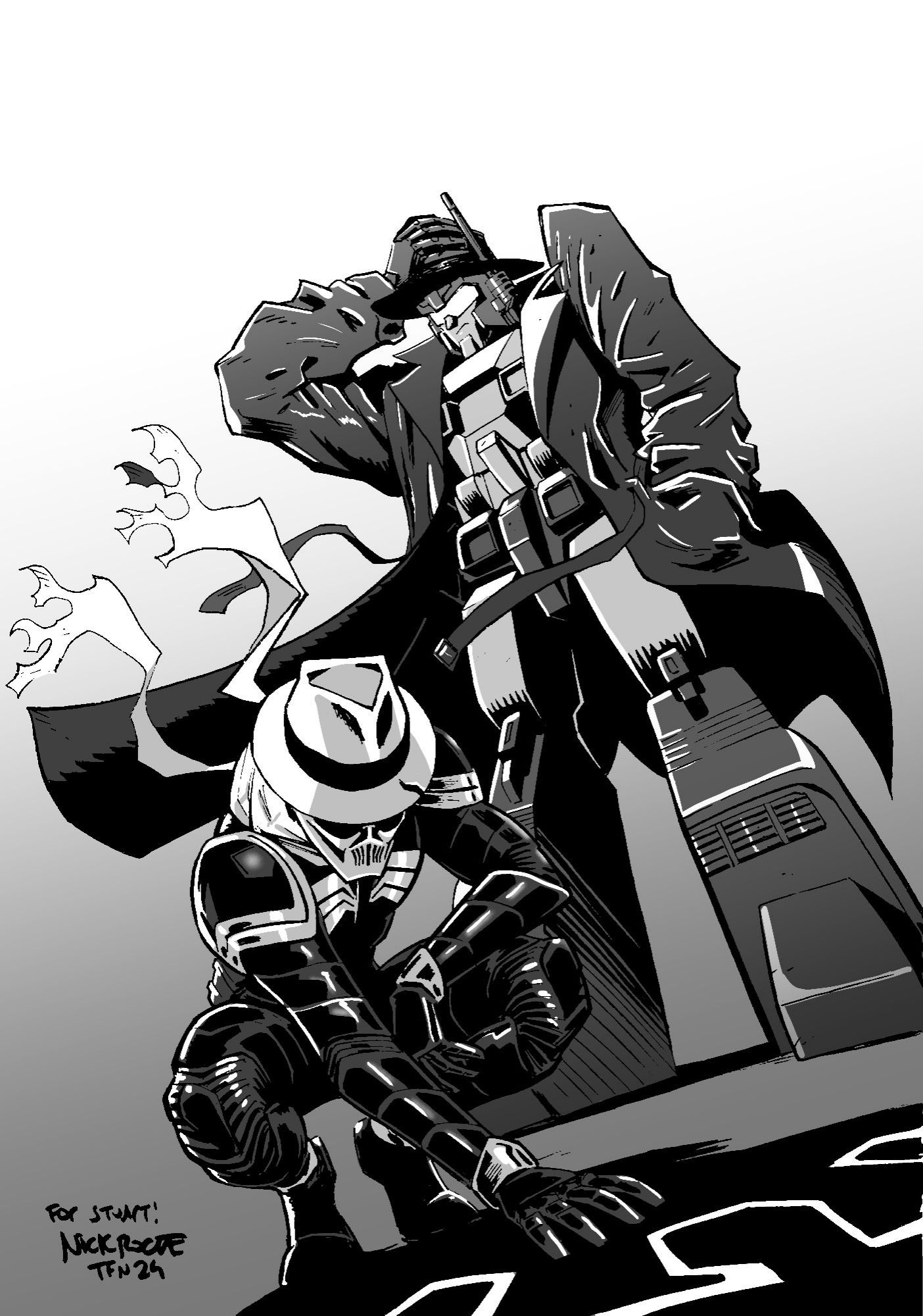 Nightbeat and Kamen Rider Skull investigating a chalk line out in a noir style (black and white)