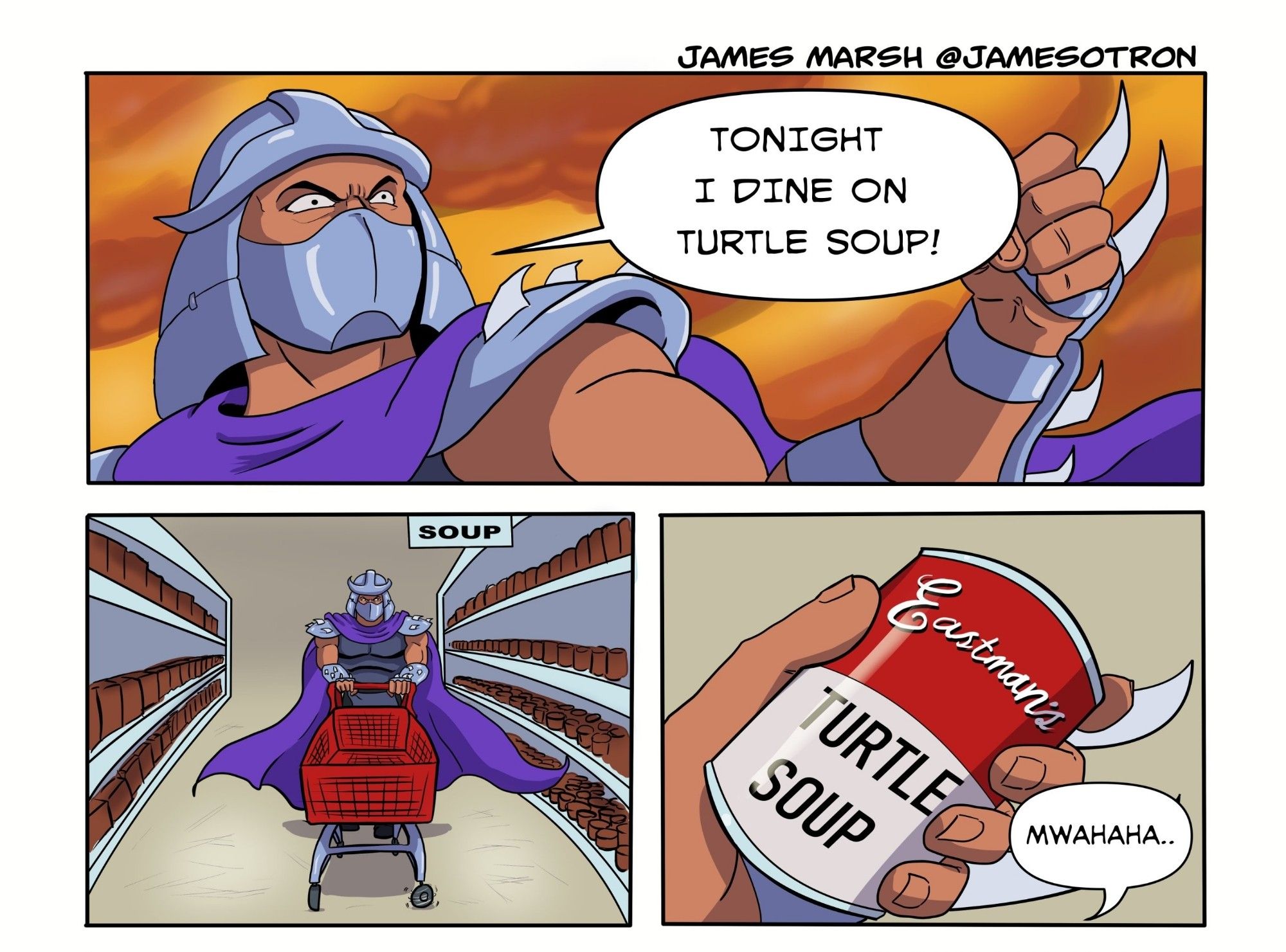 Shredder saying "tonight I dine on turtle soup", then shopping in the supermarket to buy the soup.