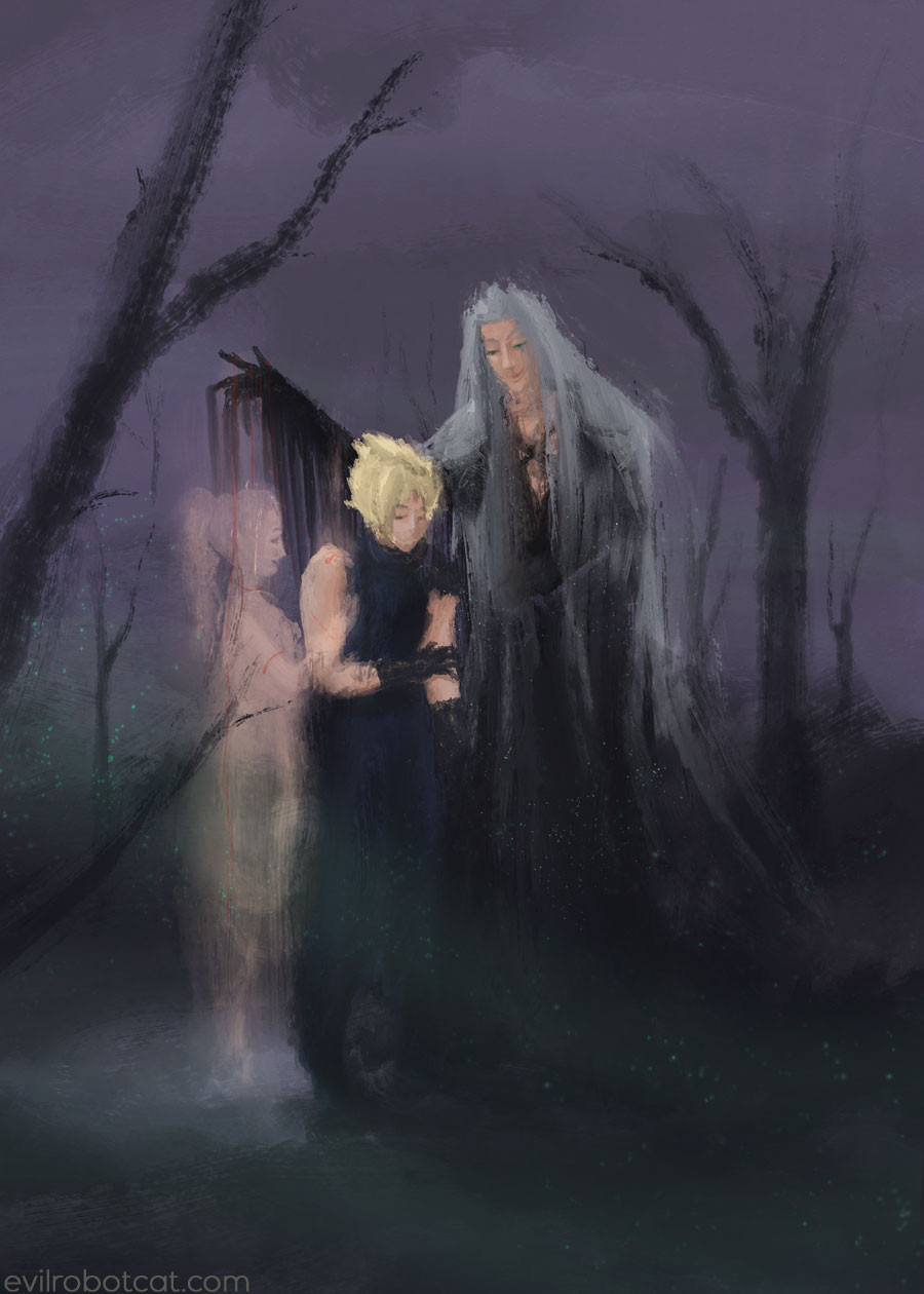 FF7 fanart. Sephiroth tempts Cloud with an image of Aerith, which Cloud rejects.