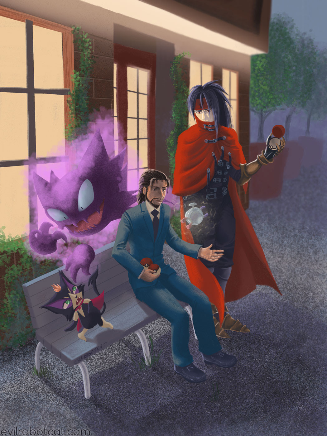 FF7 fanart. Reeve Tuesti sits on a bench and admires his magnemite, unaware of the haunter harassing his purrloin.  Beside the bench, Vincent Valentine summons the haunter back to its pokeball with a frown.