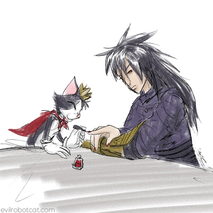 FF7 fanart. Cait Sith paints Vincent Valentine's nails.