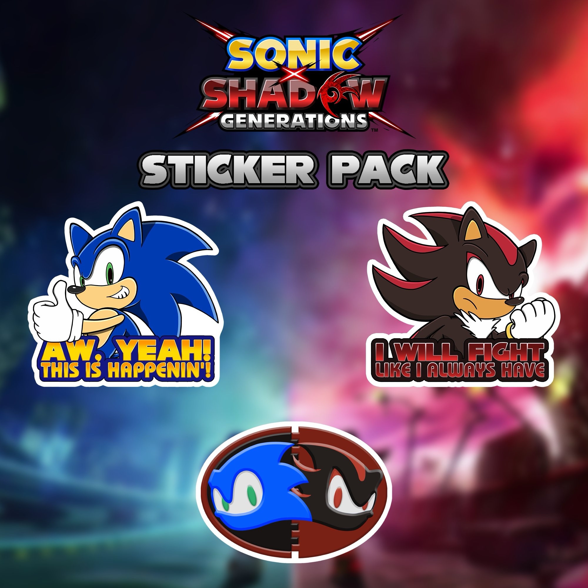 Triple pack of stickers of Sonic the Hedgehog and Shadow the Hedgehog to celebrate the release of Sonic X Shadow Generations. One is of Sonic giving a thumbs up with the quote “Aw, yeah! This is happenin’!” From Sonic Adventure. One is of Shadow clenching his fist with the quote “I will fight like I always have” From Sonic ‘06. And the third is an homage to the iconic Sonic and Knuckles logo, but with Sonic and Shadow instead.